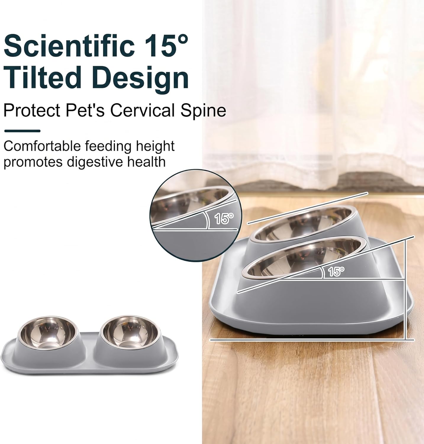 Detalle 2 de Suhaco Raised Double Dog Bowl with Stainless Steel Bowls – Grey