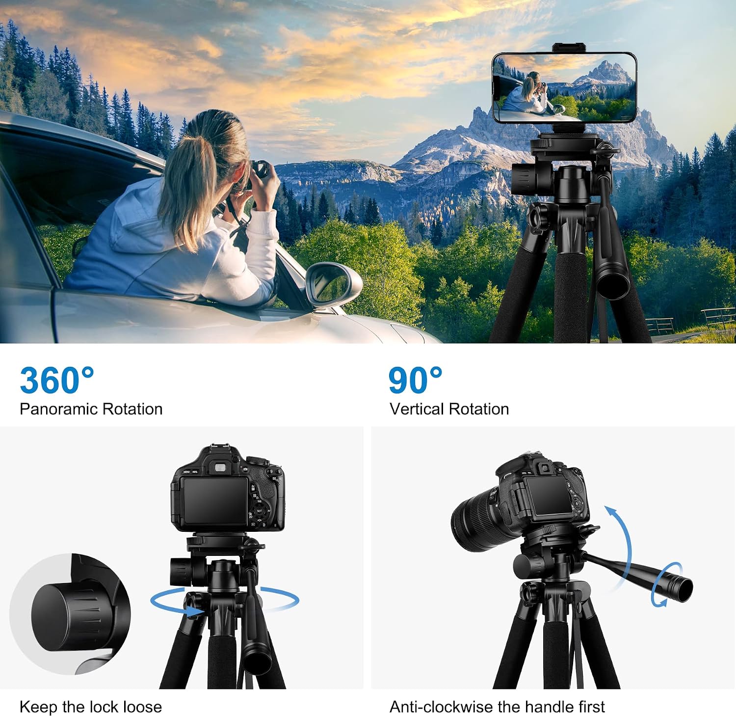 Thumbnail 3 de JOILCAN Compact Camera Tripod for DSLR and Smartphone – Aluminium, 3‑Way Pan Head, 65" Max Height