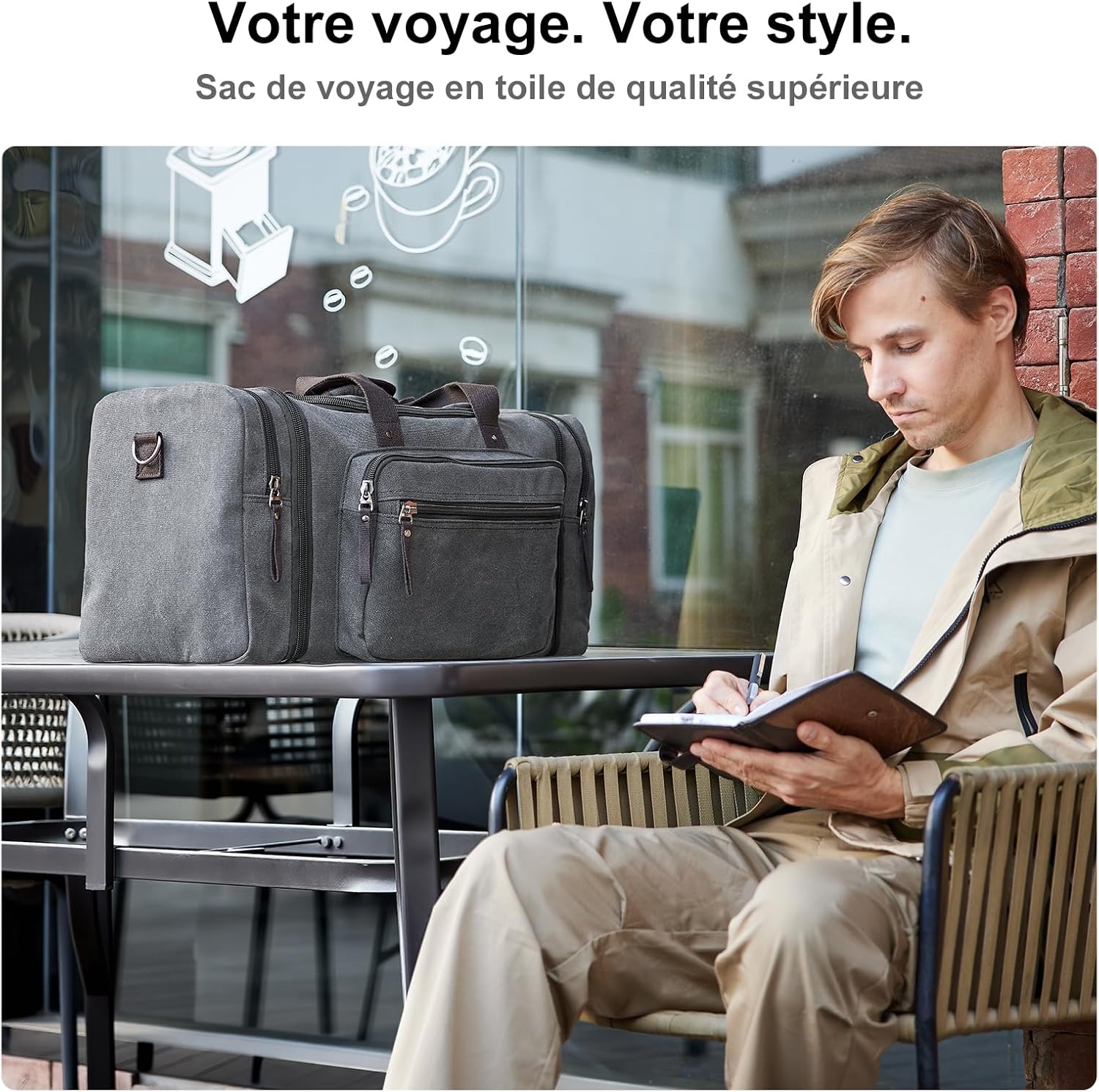 Detalle de EKOROMIER Grand sac de voyage en toile extensible 70L (week-end) pour homme – 62 x 29 x 33 cm