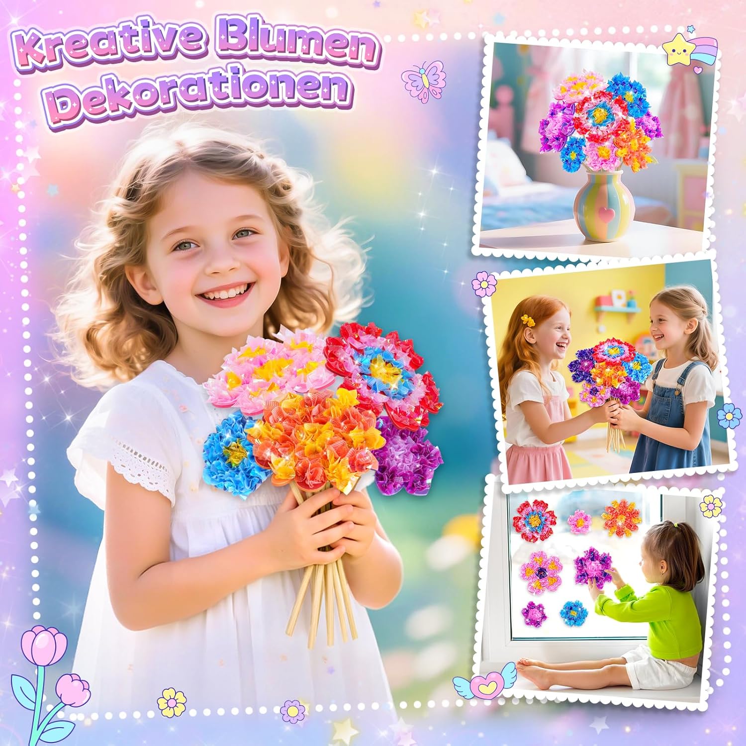 Detalle de Geschenk Mädchen 5–8 Jahre: Bastelset Blumenstrauß mit Pailletten – DIY-Blumen & Zimmerdeko