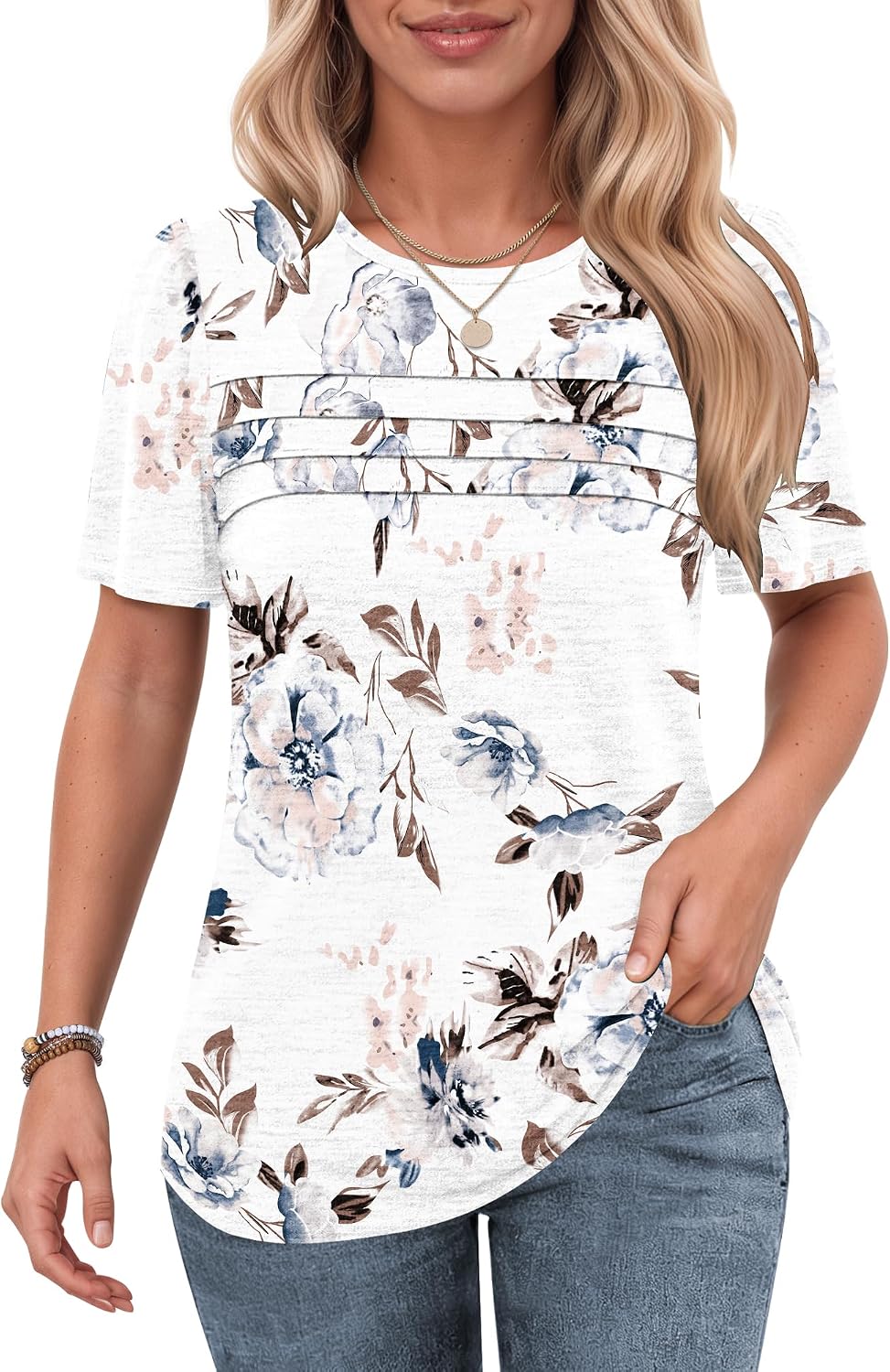 Detalle de PLMOKEN Magliette Donna Manica Corta Estive a Pieghe – Camicia Casual con Collo Rotondo