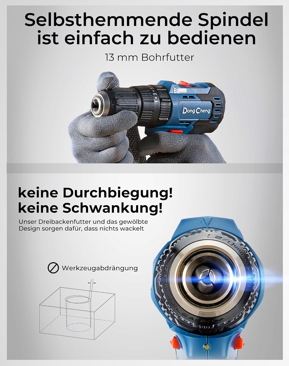 Detalle de Dong Cheng Akku-Schlagbohrschrauber-Set 18V, 50 Nm – bürstenlos mit 2 Akkus (2×2,0 Ah) und 19-teiligem Zubehör