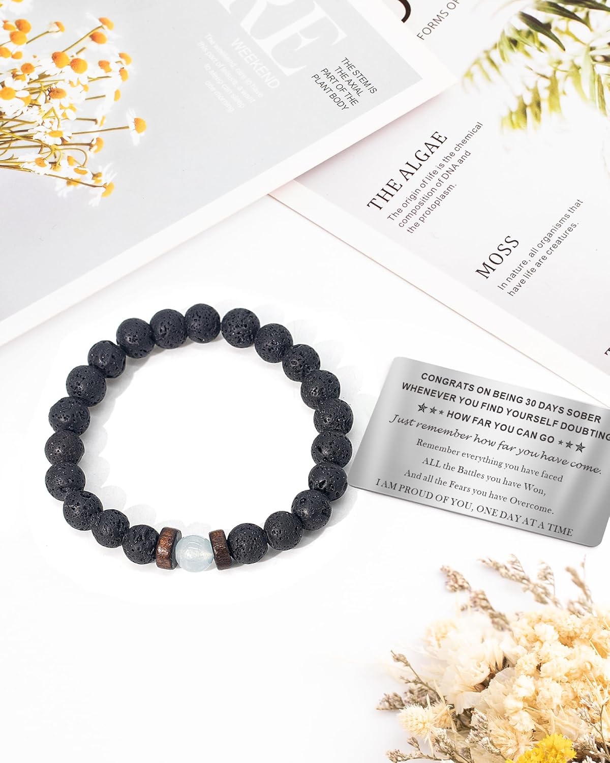 Thumbnail 2 de TOLOWOBK Moonstone & Lava Rock Sobriety Bracelet with 316L Wallet Card Gift Box