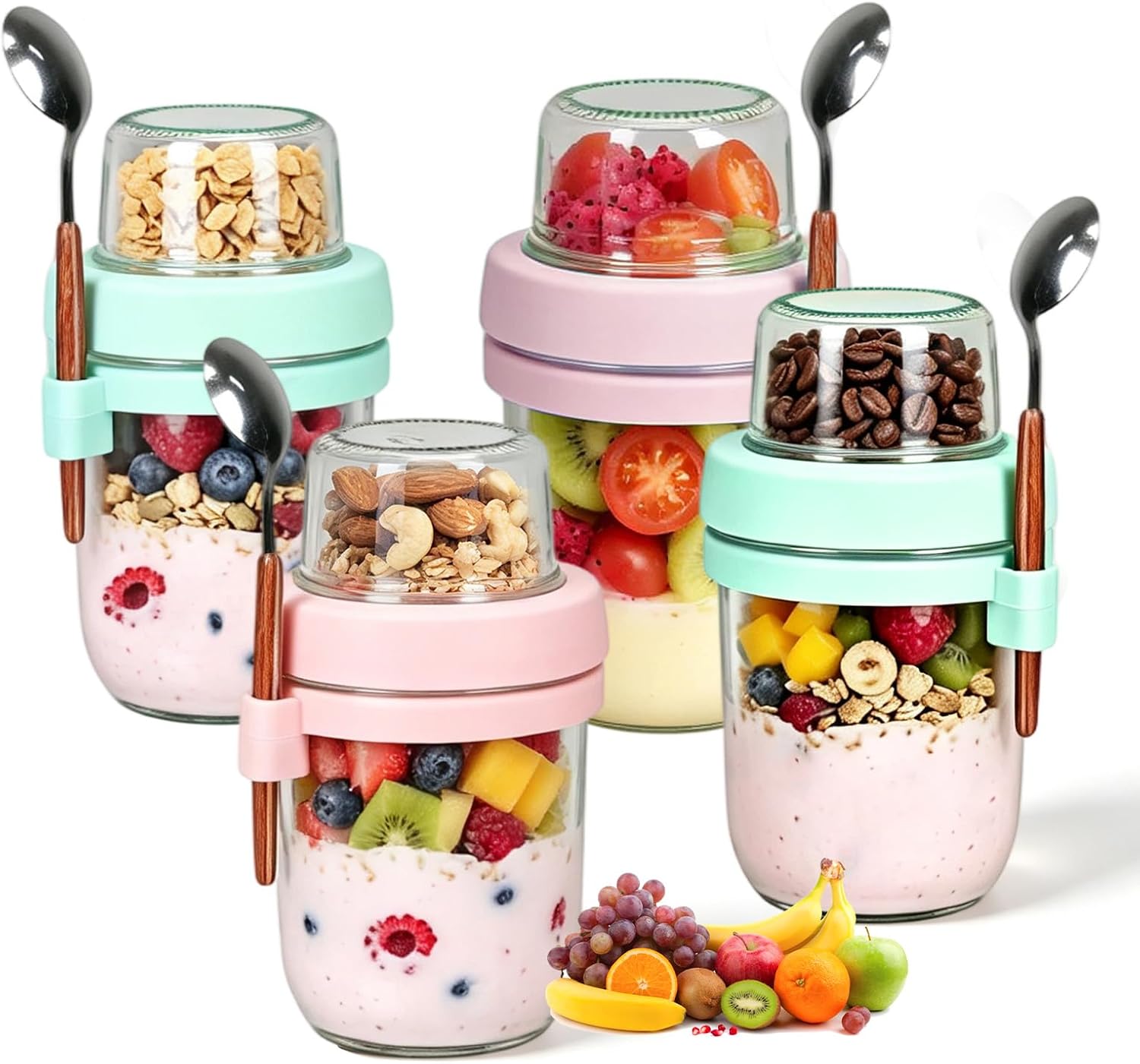 Detalle de OSDUE 600 ml – szklany pojemnik na jogurt i płatki, 4 sztuki z łyżką