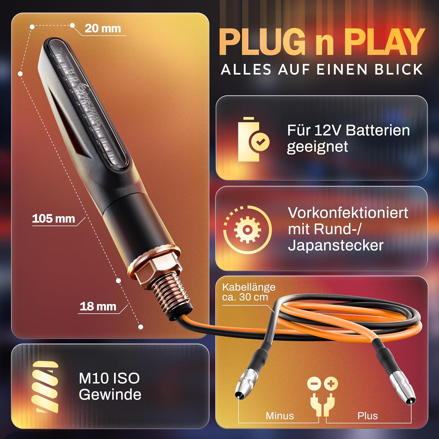 Thumbnail 2 de Binego® 4x LED Blinker Motorrad „E geprüft“ mit Lauflicht (2er-Set) – universelle Mini-Blinker, StVZO konform