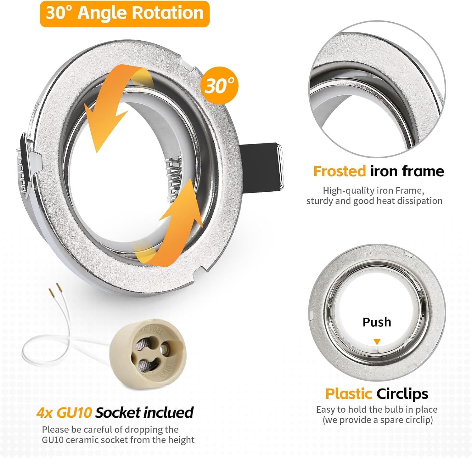 Detalle de GeyouLux 12er Set Einbaustrahler-Rahmen IP65 für GU10 (Eisen Nickel), Lochmaß 68 mm