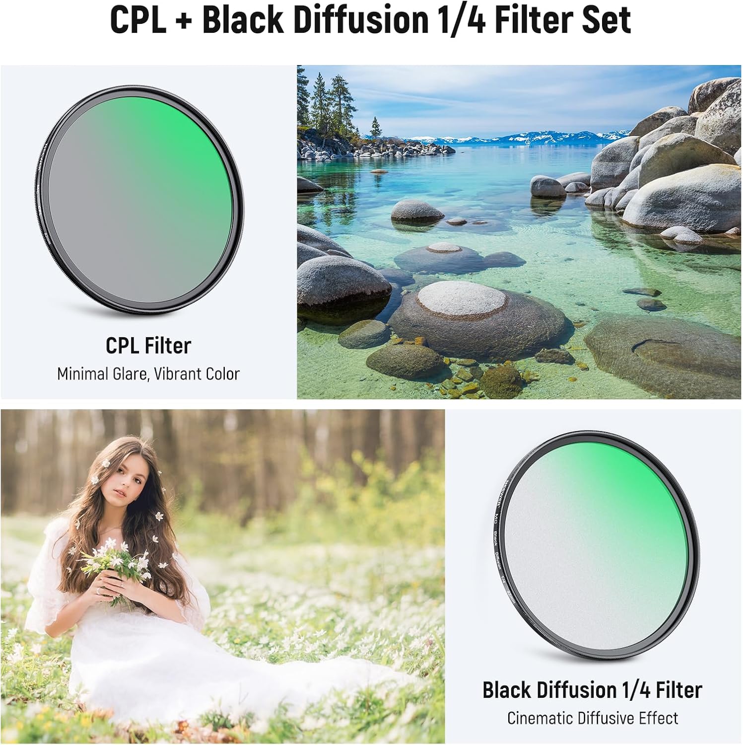 Thumbnail 1 de Neewer 82mm CPL + Black Diffusion 1/4 Filter Set (2 Pack) for Camera Lenses