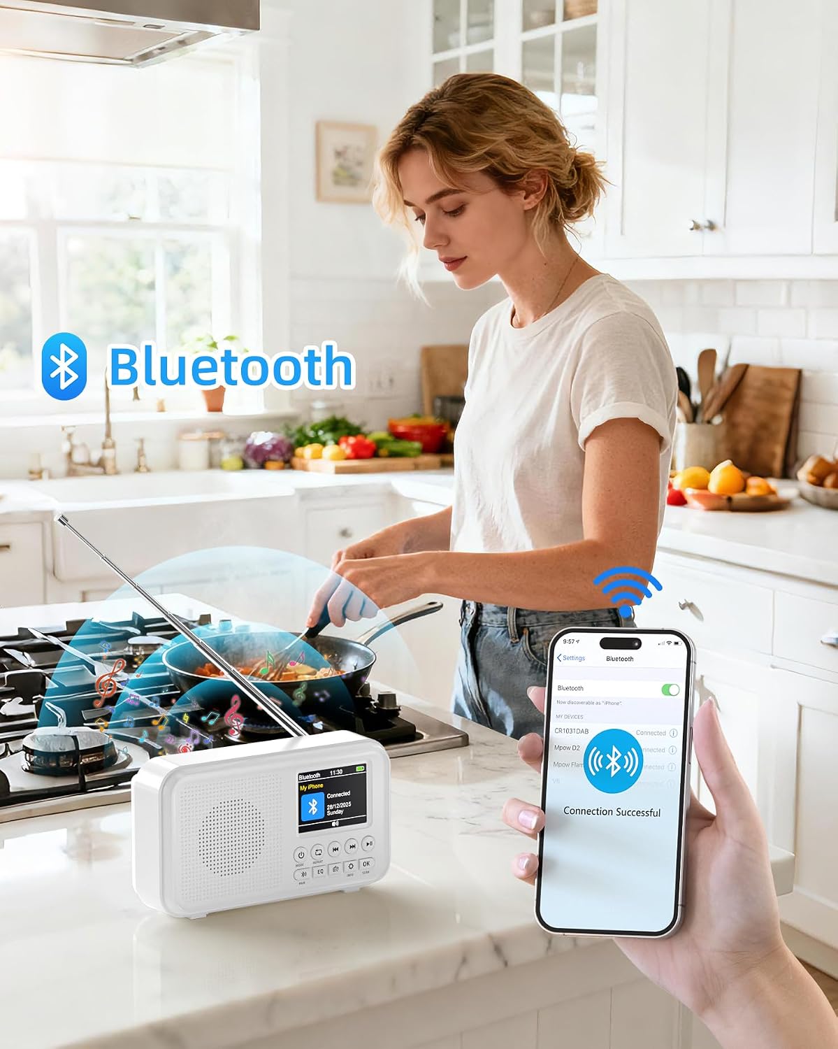 Detalle de Radio Portatile DAB/FM, Bluetooth, 3000 mAh, TF fino a 64 GB, Type-C, 8 W - doppia sveglia