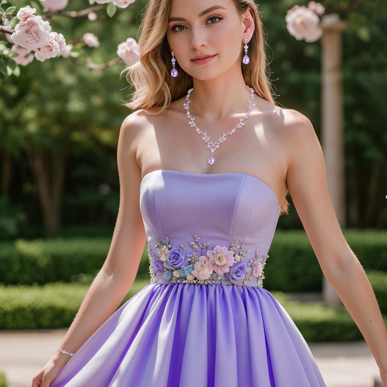Thumbnail 1 de Parure bijoux de mariage Clearine : collier Y, bracelet tennis et boucles pendantes en cristal bleu