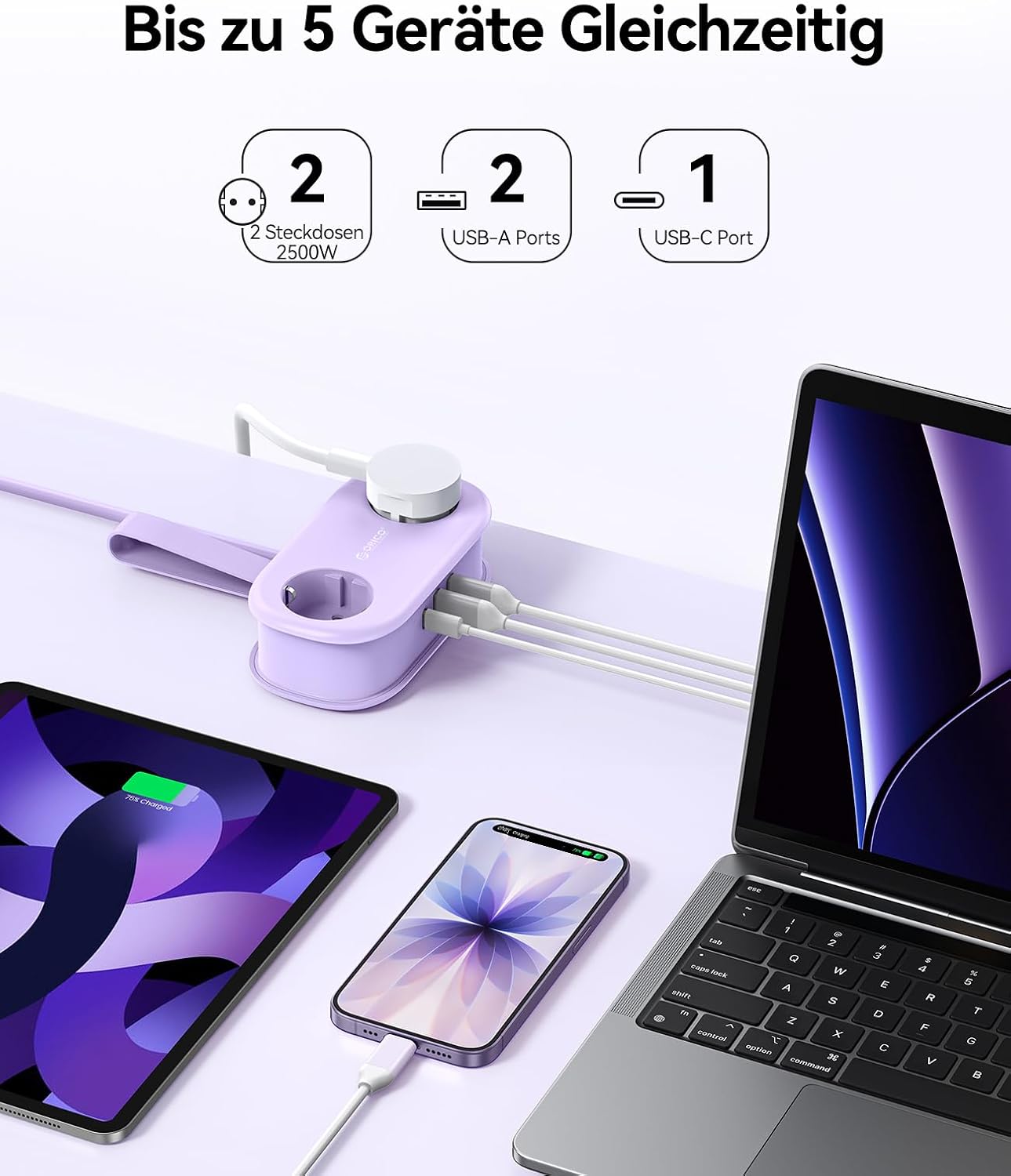 Thumbnail 1 de ORICO Steckdosenleiste mit USB‑C PD 20W (AP3-Lila) – 2 Steckdosen + 3 USB, 1,5 m Kabel