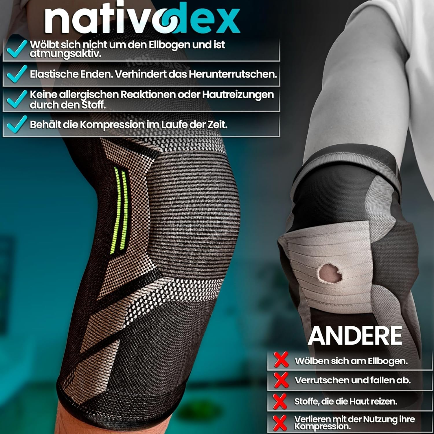 Thumbnail 3 de NativoDex Ellenbogenbandage – Kompressionsbandage für Ellenbogen, Unterstützung bei Tennisarm, Golferarm und Arthrose