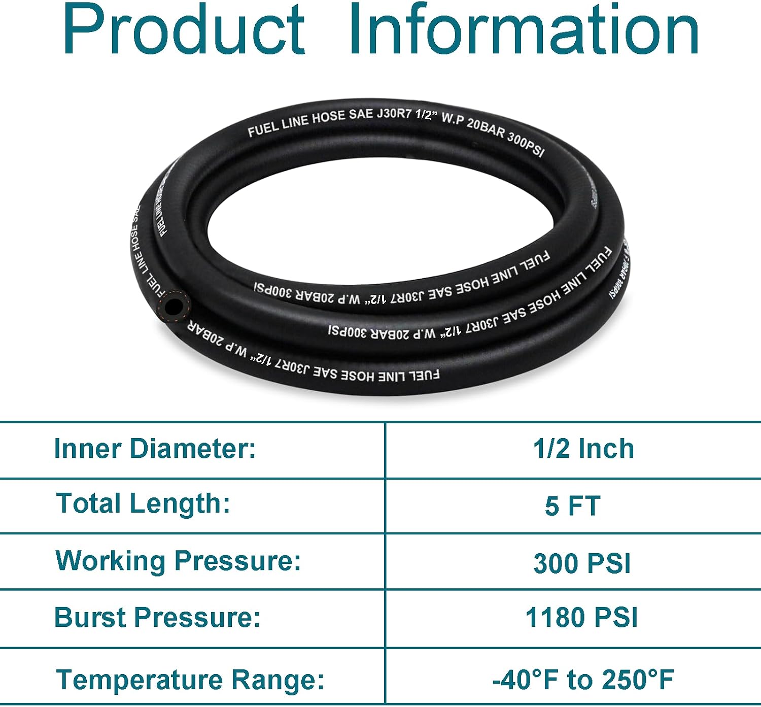 Detalle de HOUSUN 1/2 Inch ID Fuel Line Hose, 300 psi, 5 ft with 4 Clamps