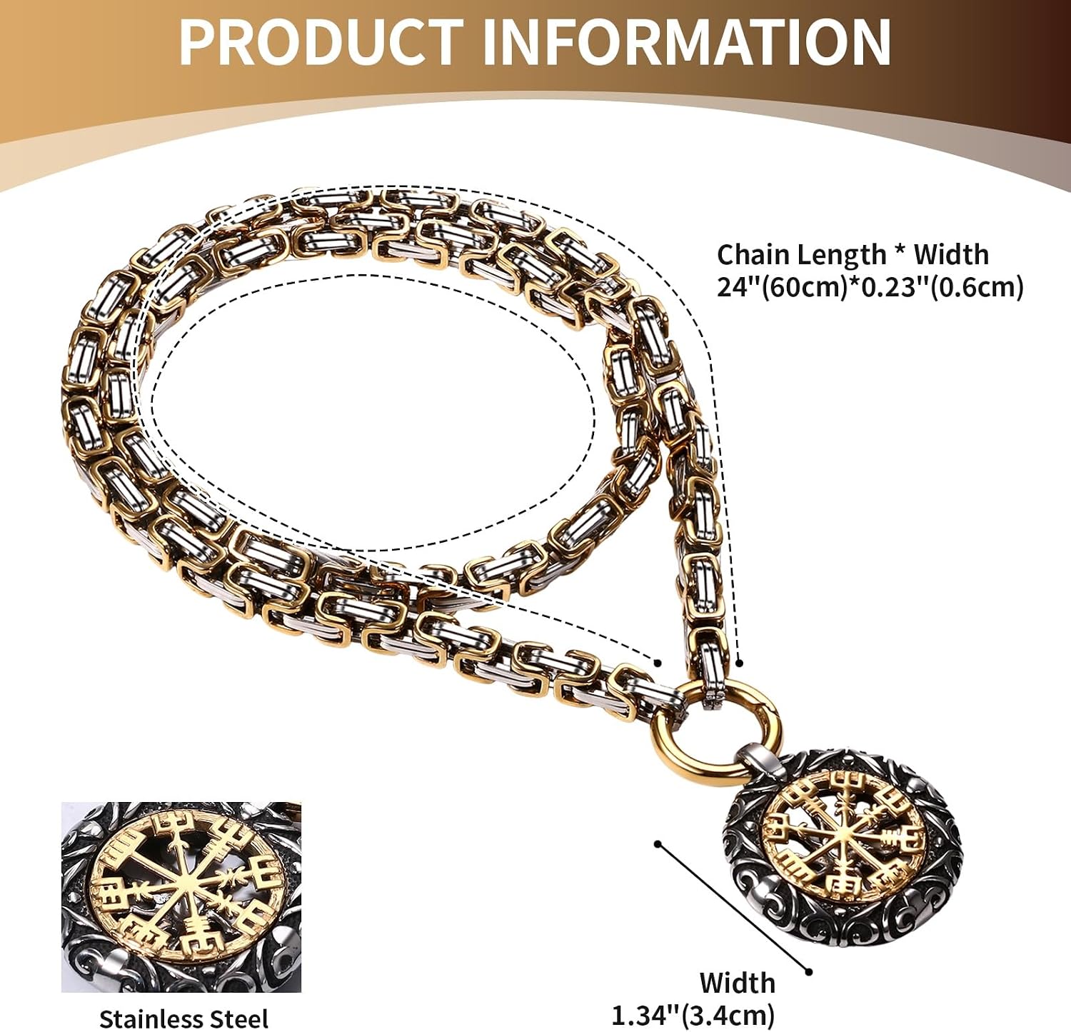 Detalle de JewelryWe Wikinger Halskette für Herren – Edelstahl-Königskette mit Vegvisir Anhänger