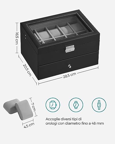 Detalle de SONGMICS Porta Orologi JWB020: Scatola a 2 Livelli con Coperchio in Vetro, Cuscinetti Rimovibili e Interno Grigio