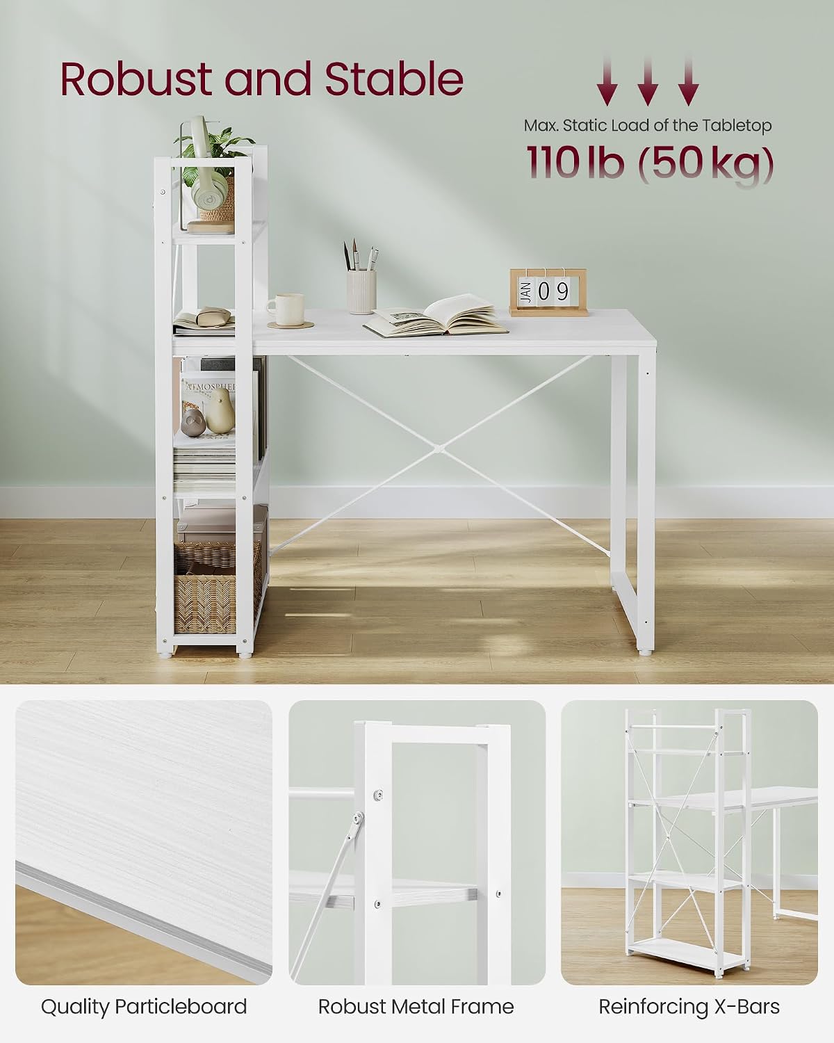 Thumbnail 5 de VASAGLE LWD048W44 Reversible Computer Desk with Shelves, Maple White