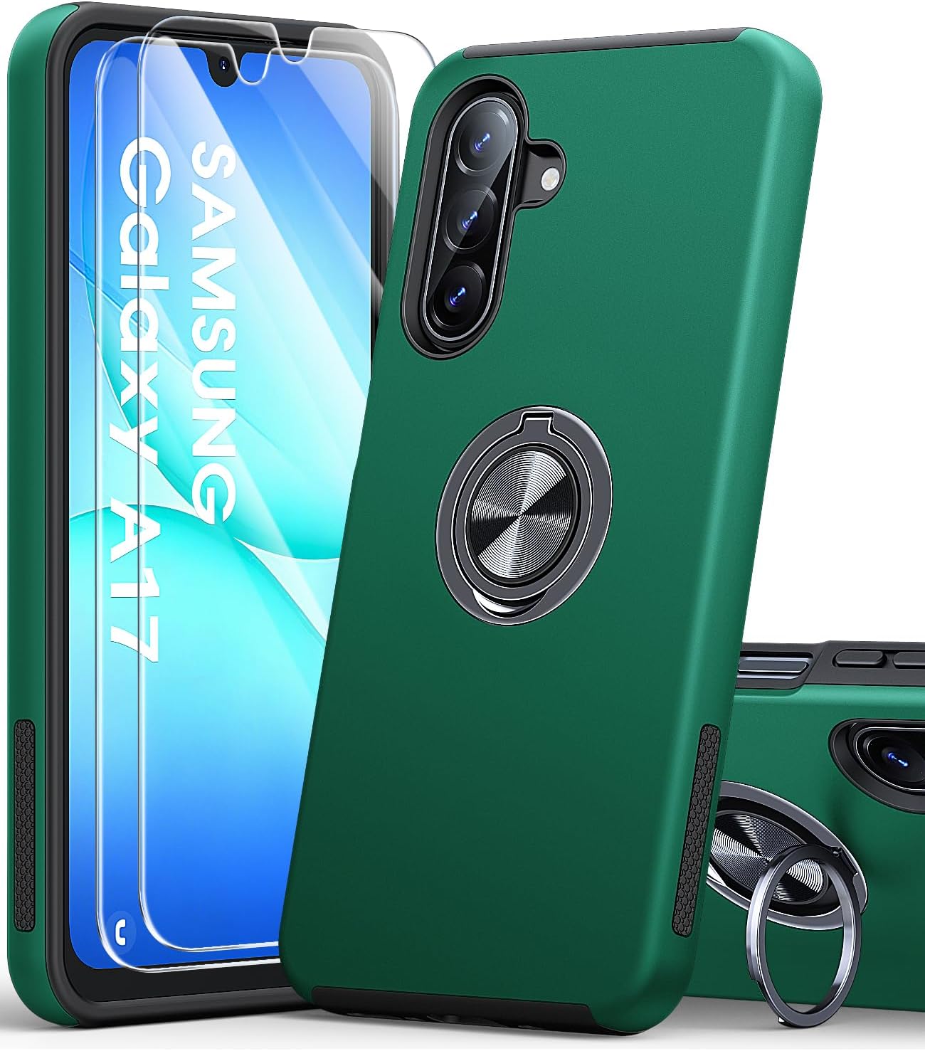 Detalle de AOUIA Schutzhülle für Samsung Galaxy A17 5G mit 2x Panzerfolie, 360° Ring-Ständer & Militärschutz – Grün