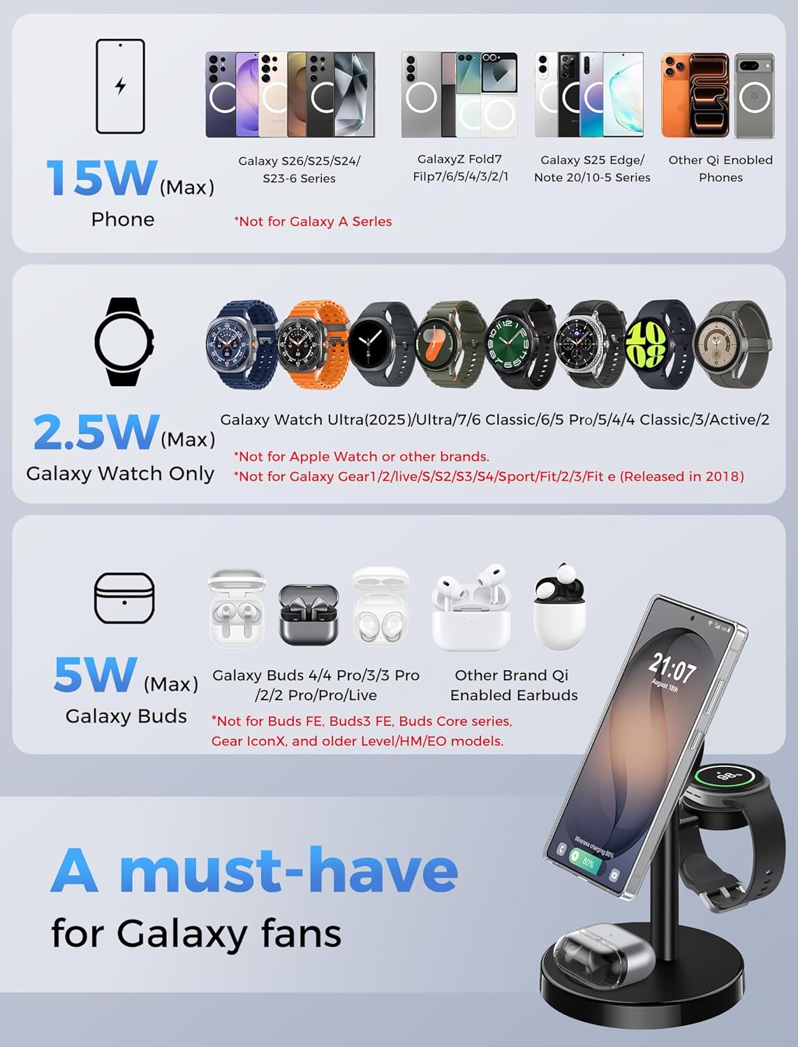 Thumbnail 4 de Aeinidi 3-in-1 Magnetic Wireless Charger for Samsung (MagSafe-compatible) with Phone Stand, Watch & Buds Charging