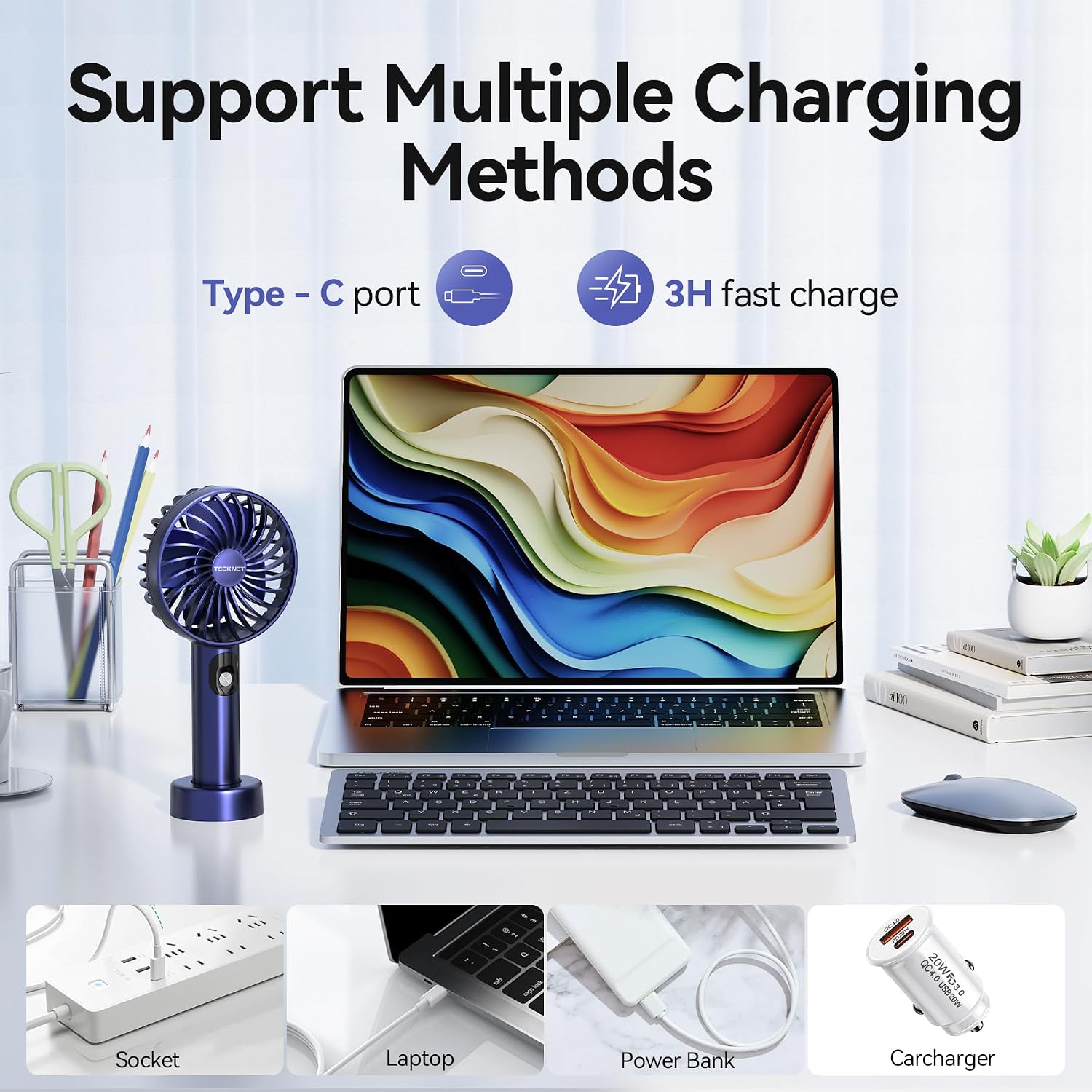 Detalle de TECKNET Handheld Fan: Portable USB Fan with LED Display and 3 Speeds