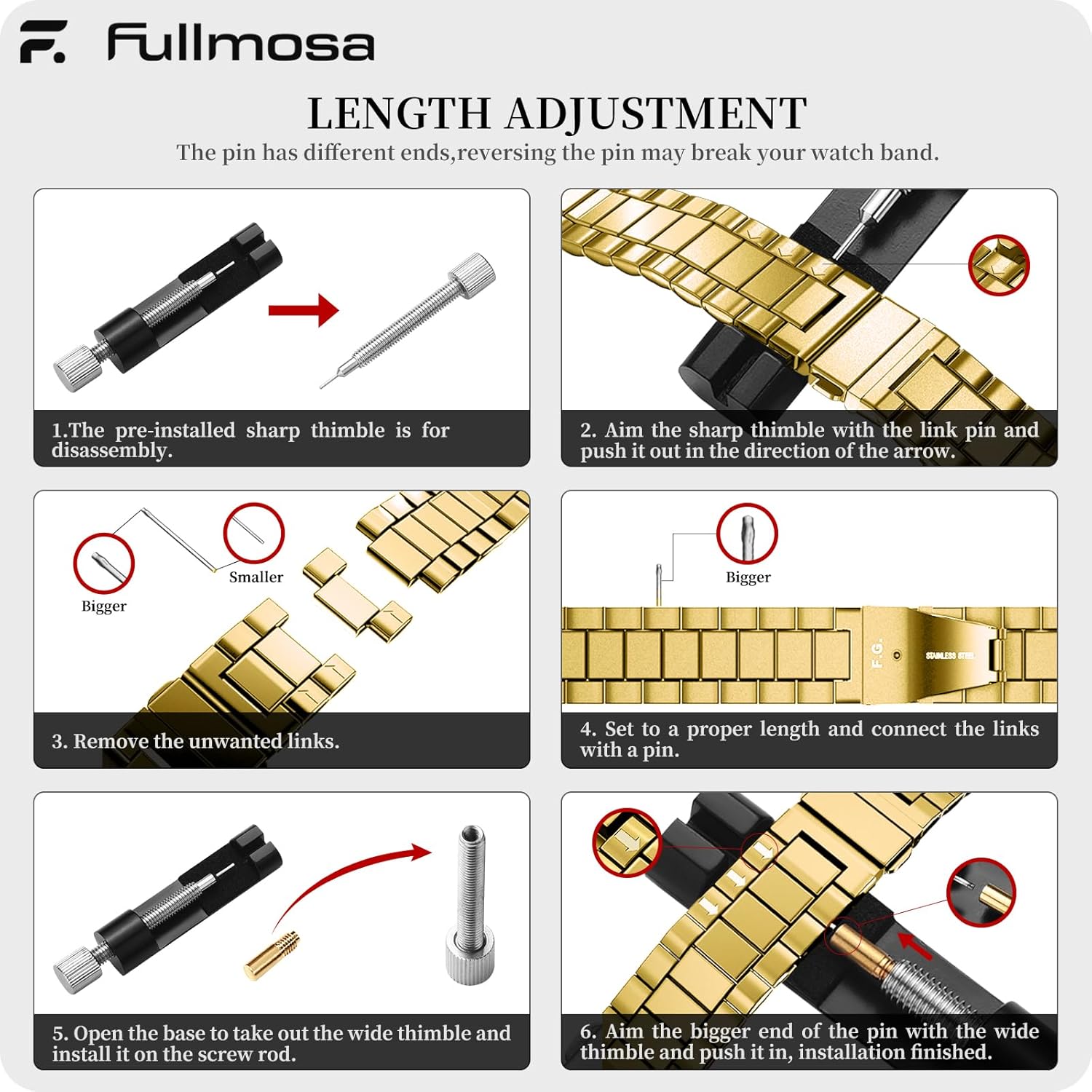 Thumbnail 6 de Fullmosa 20mm Stainless Steel Watch Band – Golden, Quick Release with Removable Links
