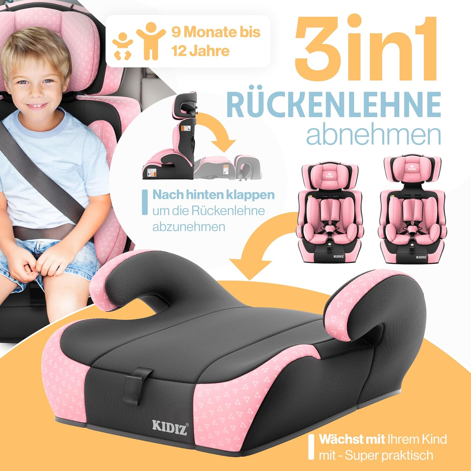 Detalle de KIDIZ Autokindersitz i-Size R129 (100–150 cm) bis 12 Jahre – Gruppe 1/2/3 ohne Isofix, 5-Punkt-Gurt, Rosa