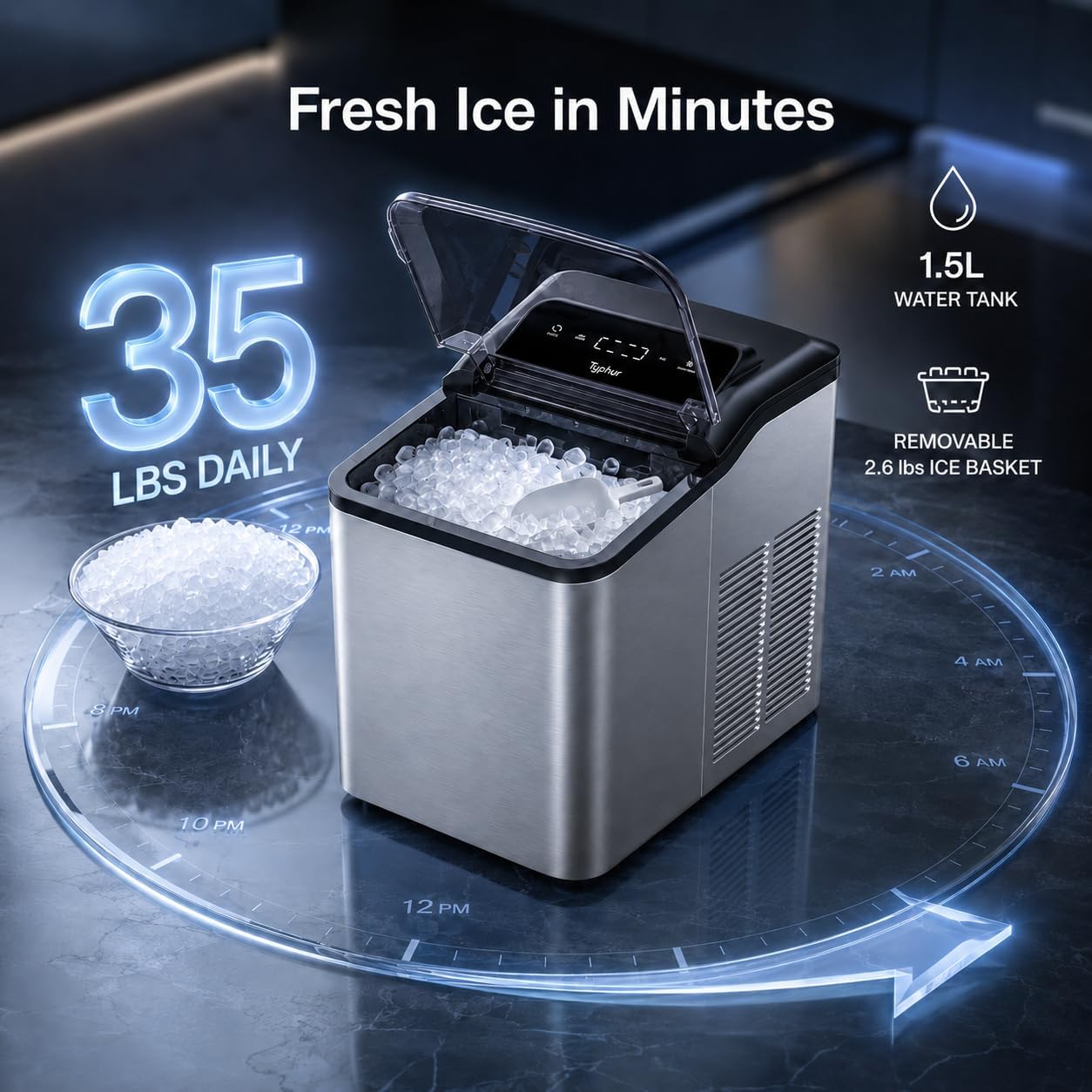 Detalle de Typhur CM03 Nugget Ice Maker, 35 lb Daily Output, Self-Cleaning Pump