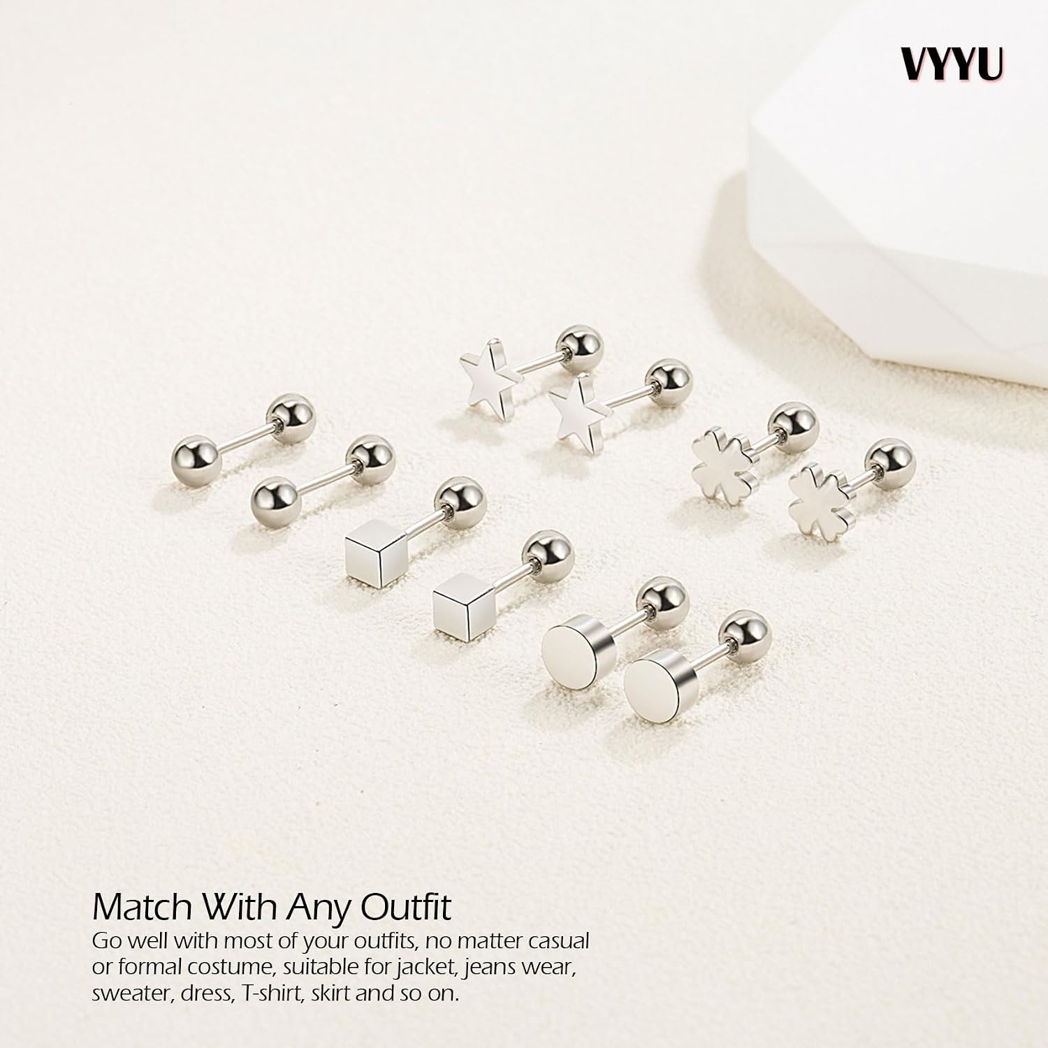 Thumbnail 4 de VYYU Silver Earrings for Women and Girls — Titanium Studs with Screwback, 6mm Round Set, Hypoallergenic and Hypothetical Everyday Elegance