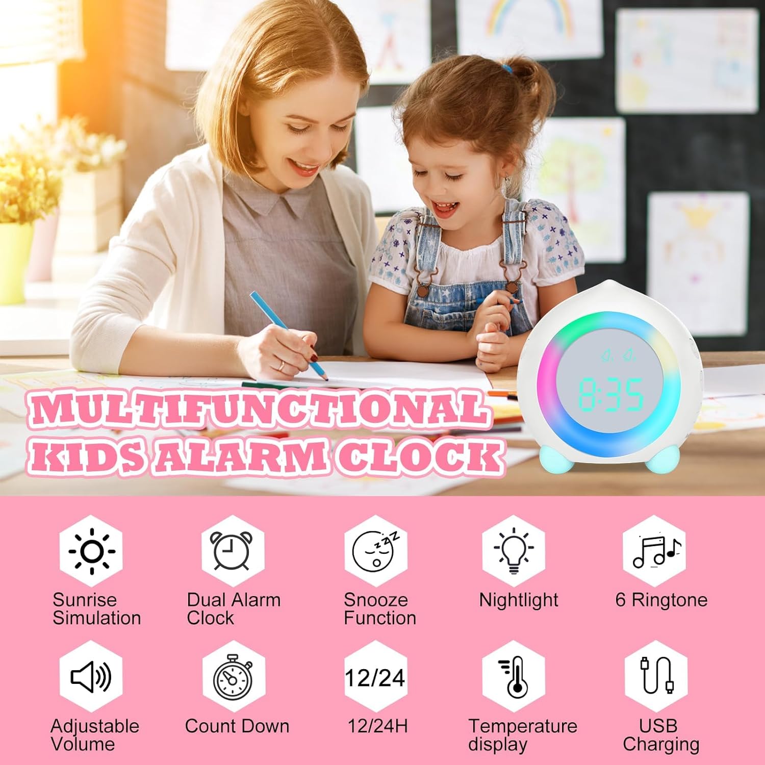 Thumbnail 1 de Ayybboo Réveil Lumineux pour Enfants — Horloge LED avec veilleuse, alarmes personnalisables et USB rechargeable
