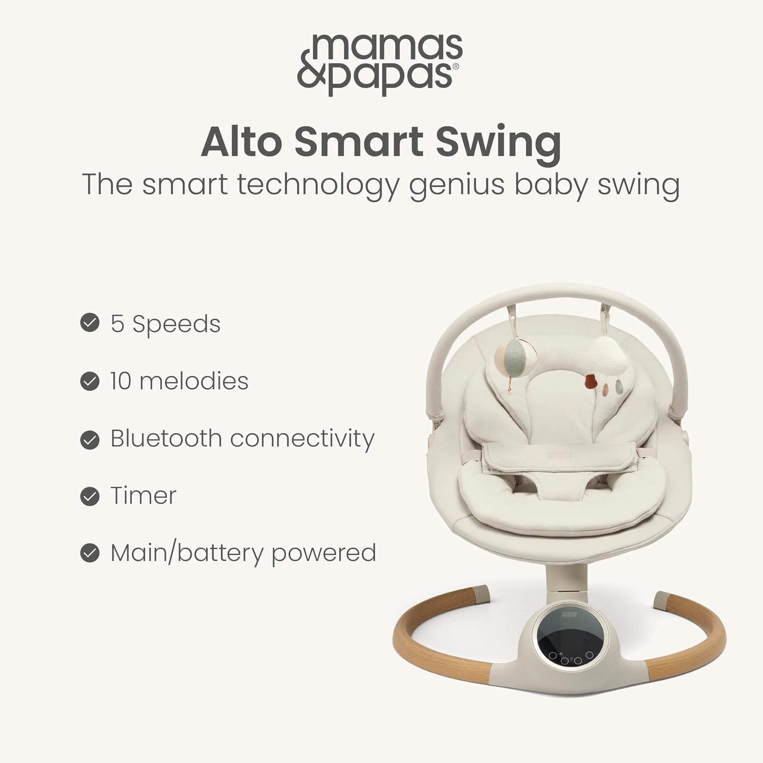 Detalle de Mamas & Papas Alto Smart Baby Swing (Cashmere): touchscreen, 5 speeds, Bluetooth and remote