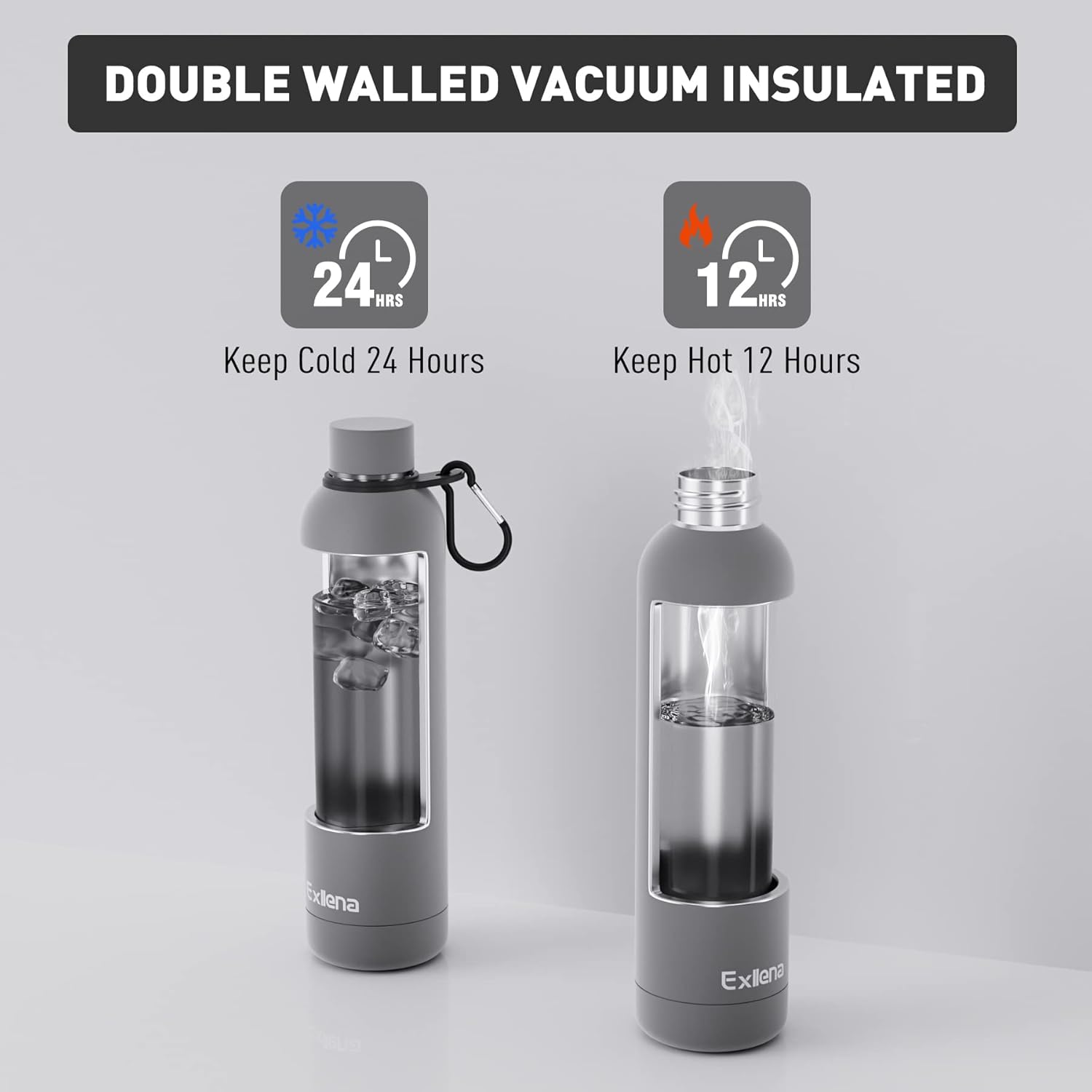 Thumbnail 2 de Exllena 1L Insulated Water Bottle with Clip (Grey) – Double-Wall Vacuum for Cold up to 24 Hours