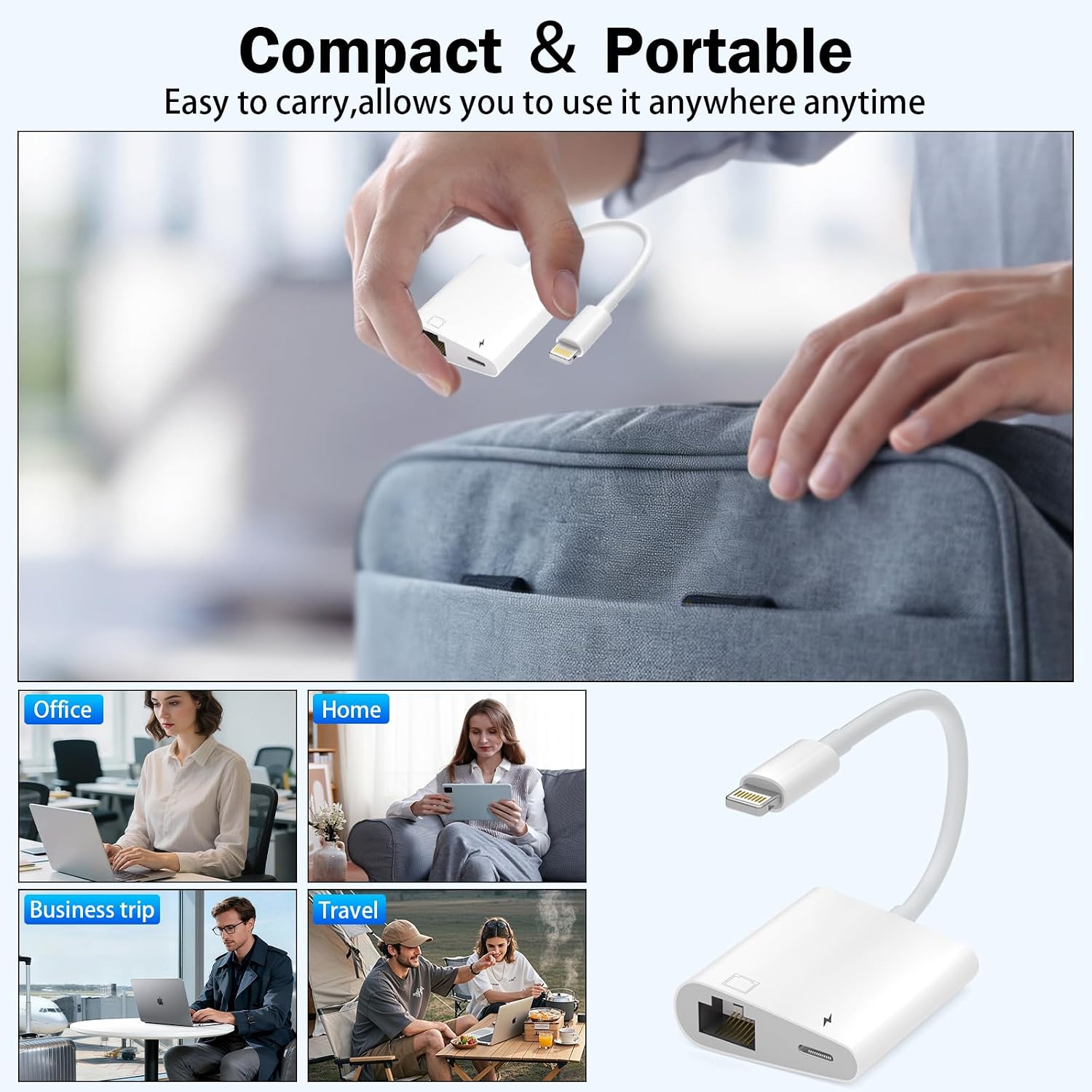 Detalle de HUAZHUN Lightning to Ethernet Adapter (Apple MFi certified) 2-in-1 RJ45 with charge port – 10/100Mbps