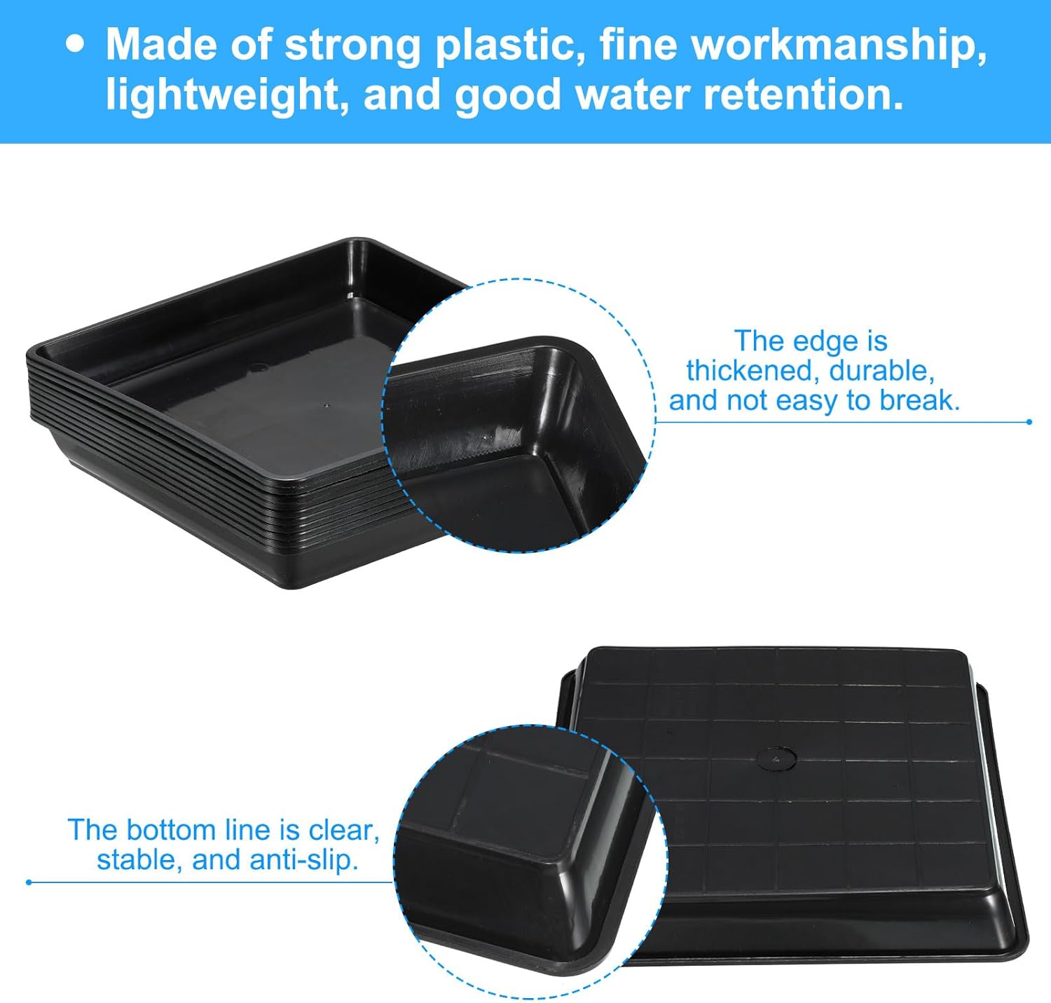 Detalle 2 de PATIKIL 9 inch square plant saucers (10-pack) in black plastic