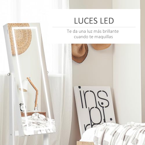 Detalle 2 de HOMCOM espejo joyero de pie con LED, cierre con llave y 100 ranuras para pendientes