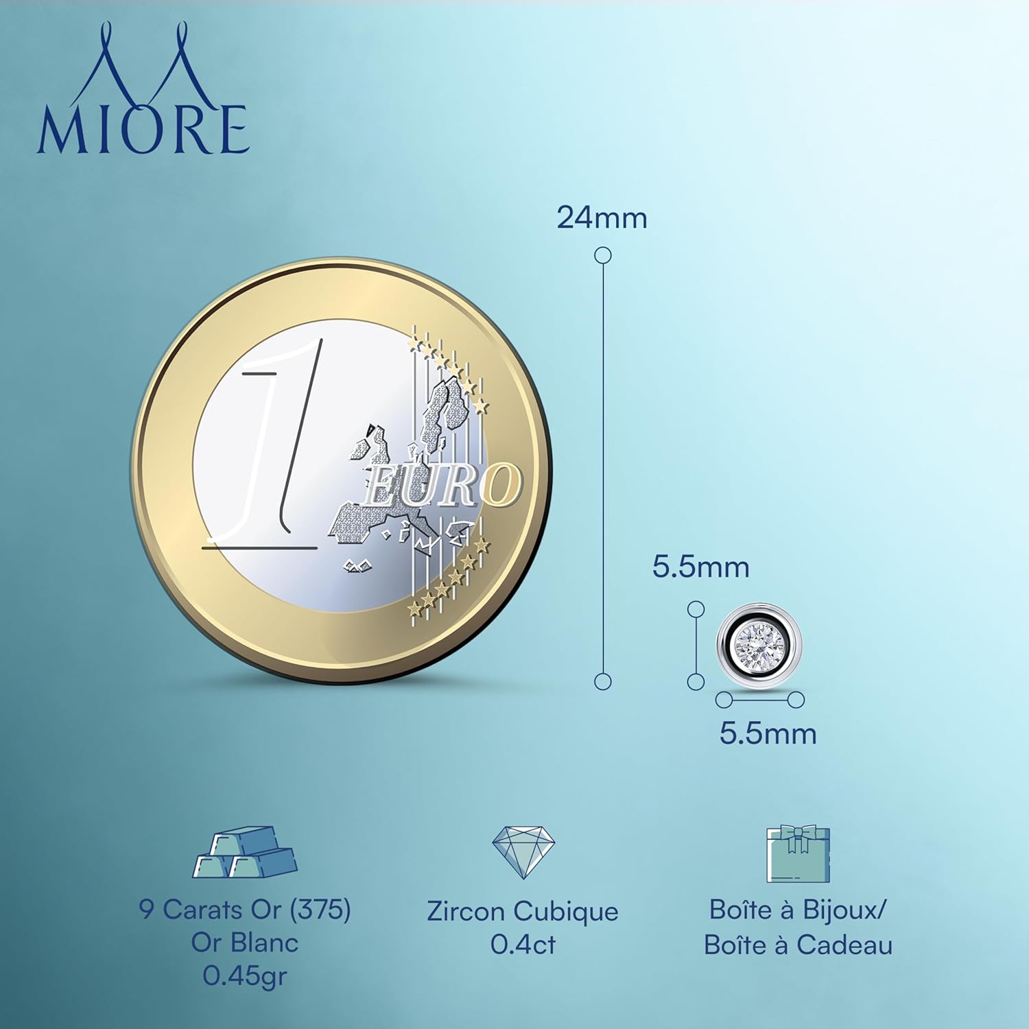 Thumbnail 2 de MIORE Boucles d'Oreilles Femme en Or Blanc/Or Jaune 9 Carats 375 avec Pierre Précieuse – Zircones 5,5 mm, Clous d’Oreilles Fait Main et Hypoallergéniques