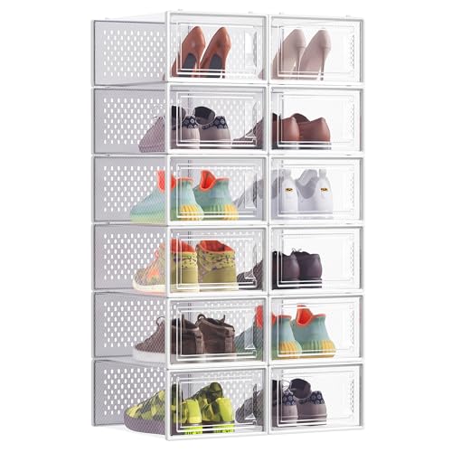 Detalle de SONGMICS Cajas de Zapatos: Organizador de Plástico, Plegable y Apilable (12 uds, Talla 43) - Transparente y Blanco Nube