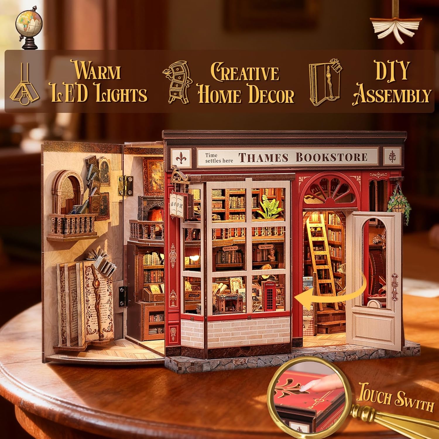 Detalle 2 de CUTEBEE Book Nook Kit – Miniatur-Puppenhaus (Thames Bookstore) mit LED-Licht
