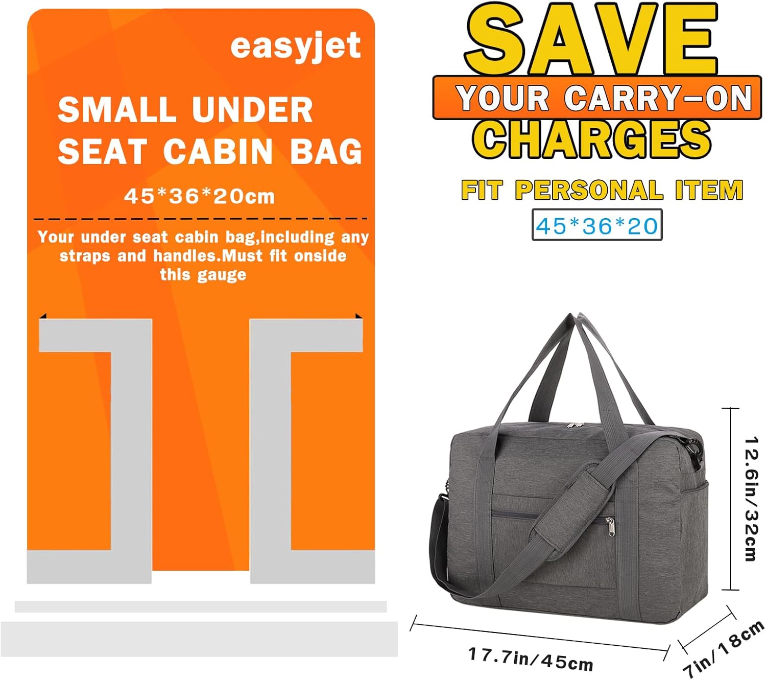 Thumbnail 2 de lifwimner Underseat Cabin Bag for EasyJet 45x32x18cm – 25L with Wet Pocket and Dual-Zip Convenience