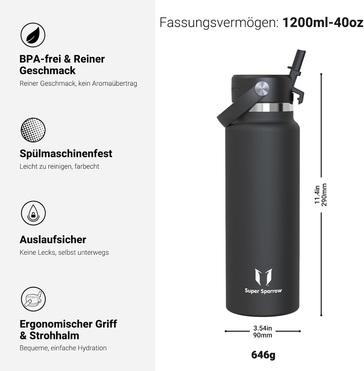 Detalle de Sparrow Trinkflasche Edelstahl 1.2L – Weithals-Design, SwivelSip, BPA-frei