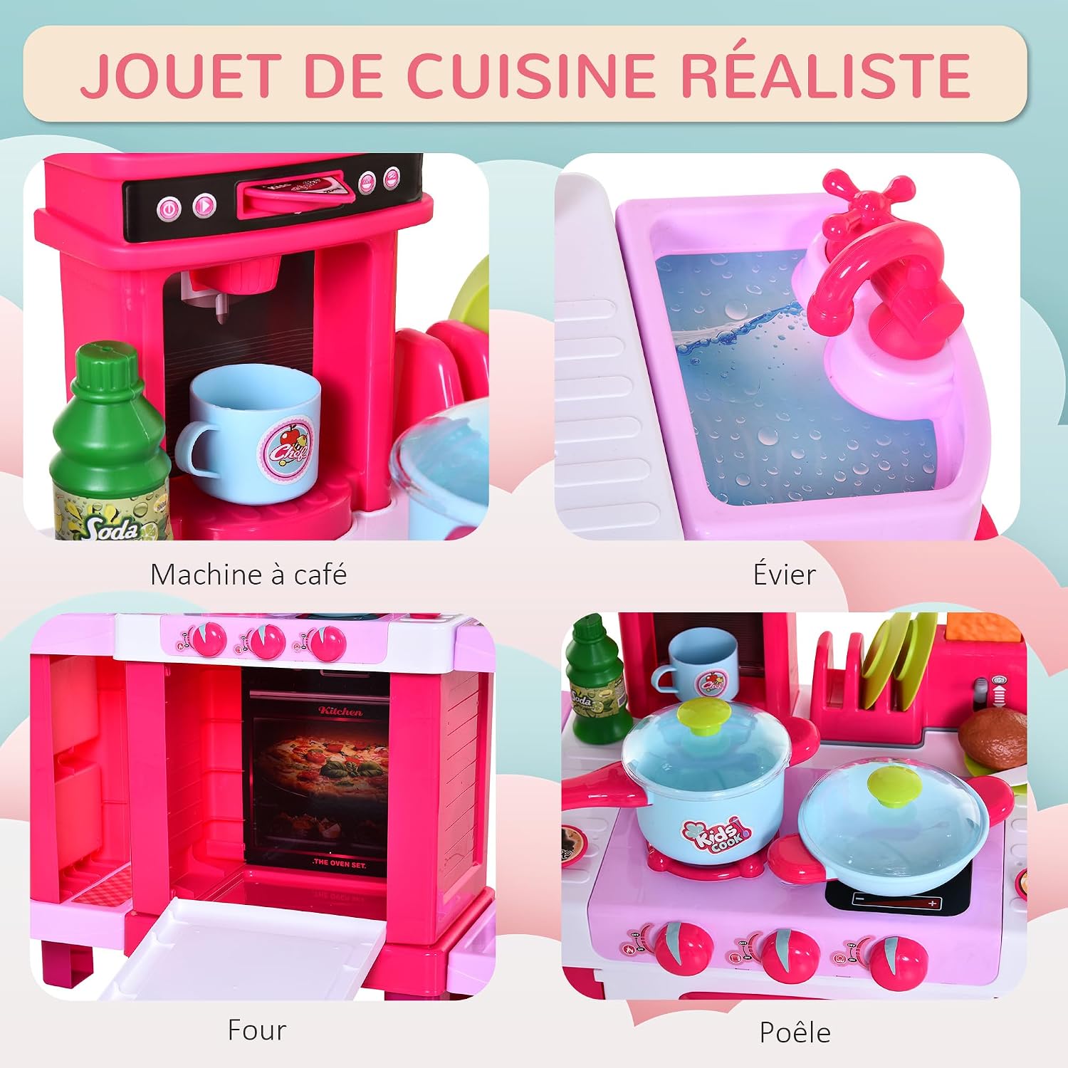 Detalle de HOMCOM kinderkeuken met 38 accessoires, geluiden en lichtjes in roze