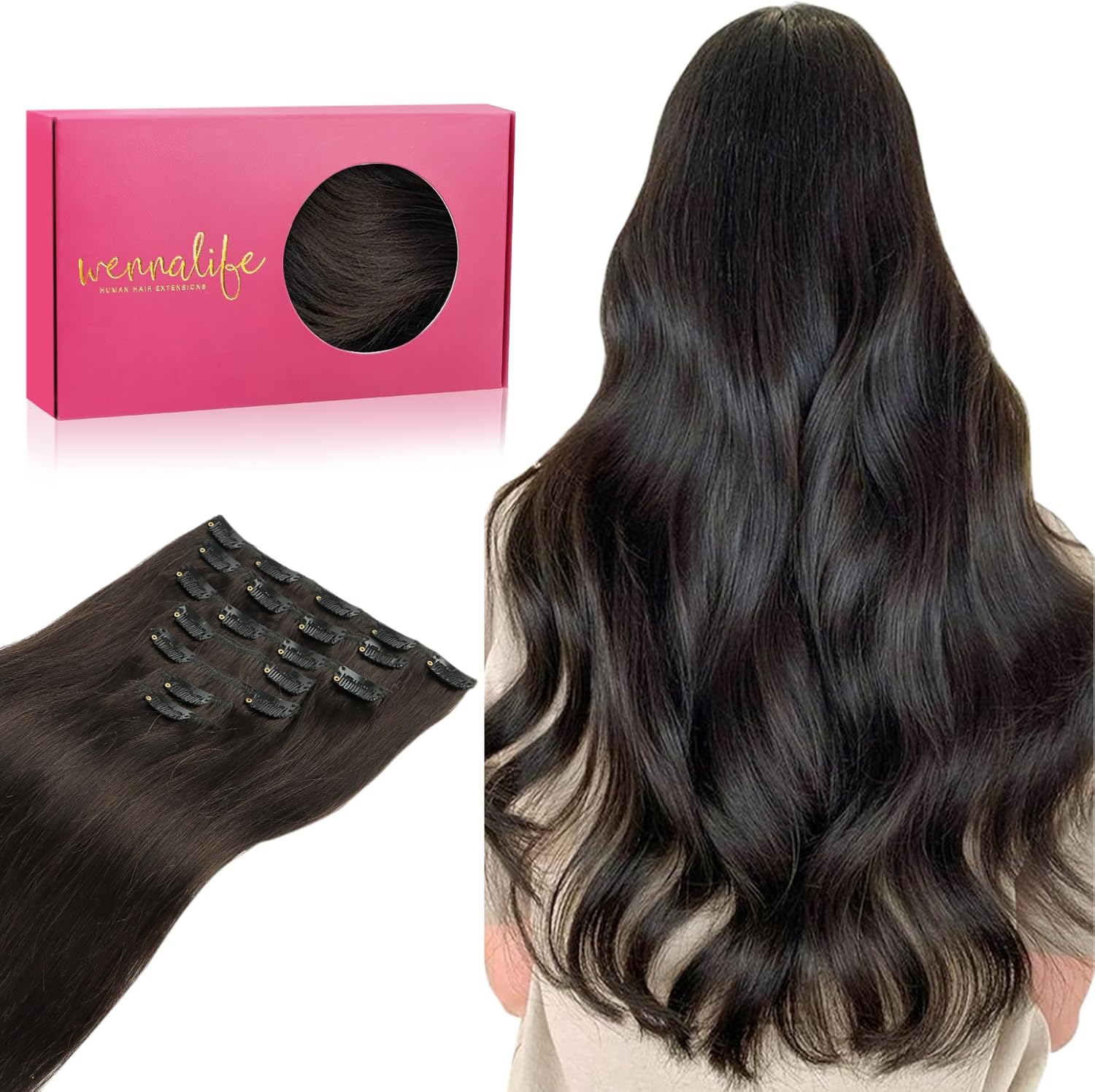 WENNALIFE Extension Capelli Veri Clip 45 cm – Remy Umani Marrone Scuro, 7 pezzi con clip