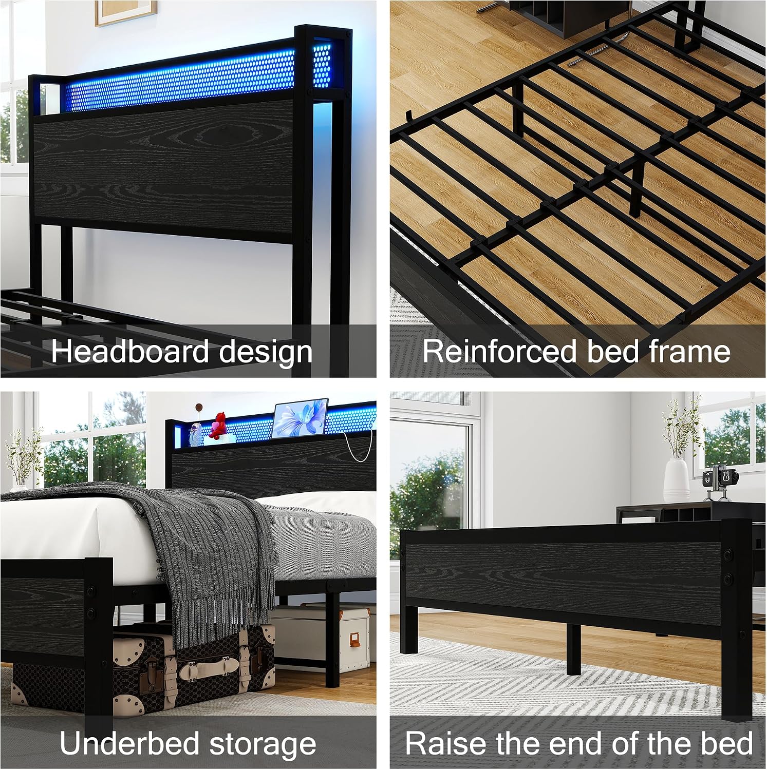 Thumbnail 6 de Diolong 1012F Full Bed Frame with Storage Headboard, RGB LED Lights and Charging Station