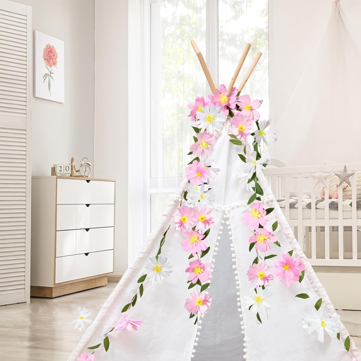 Detalle de SUNBEAUTY Spring Wildflowers Garland Crepe Paper Flower Banner (Pink & White) – 2-Pack