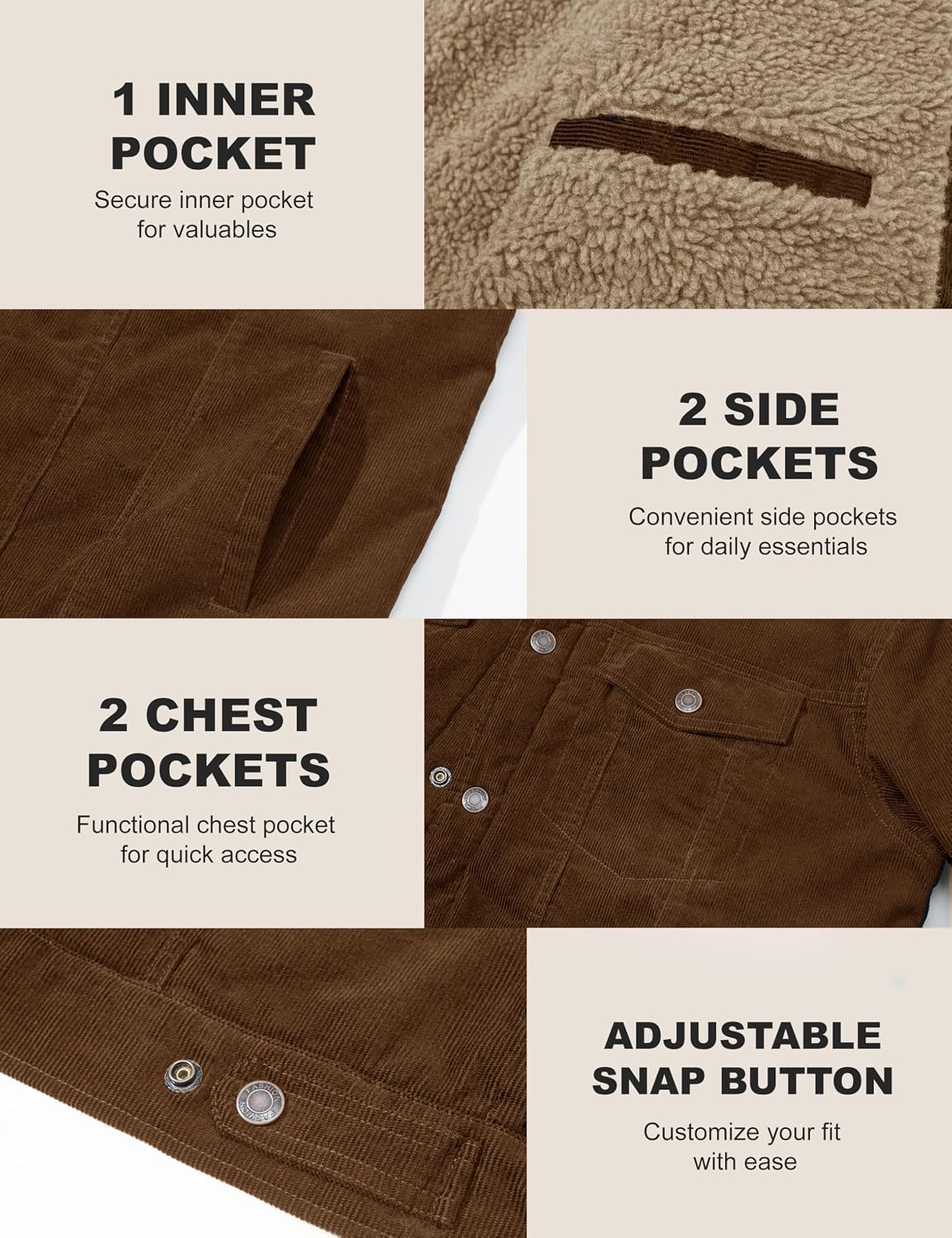 Detalle de MAGCOMSEN Men's Corduroy Sherpa Jacket, Cotton, 5 Pockets, Snap Buttons