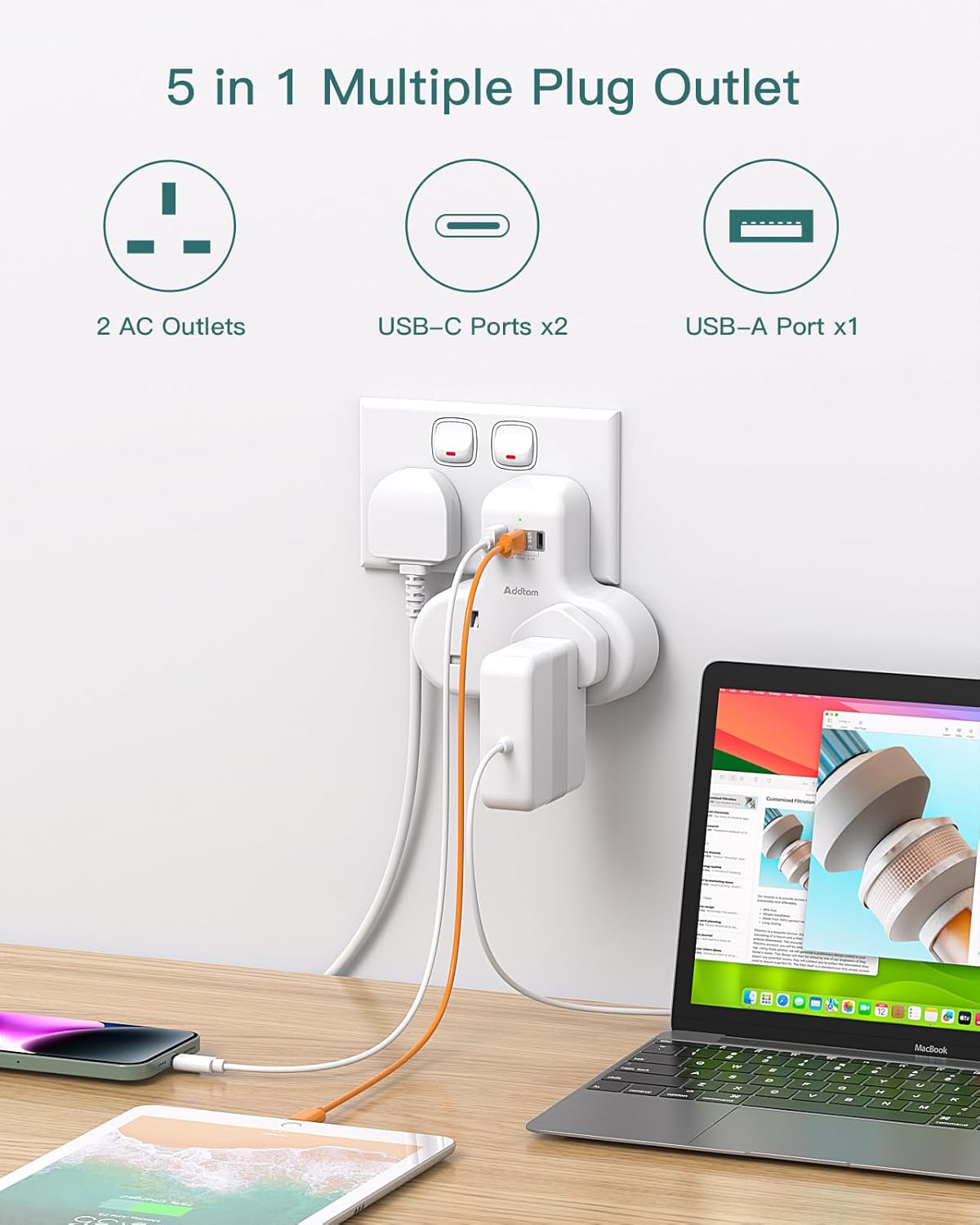 Thumbnail 1 de Addtam Double Plug Extension 13A with USB ports 🔌