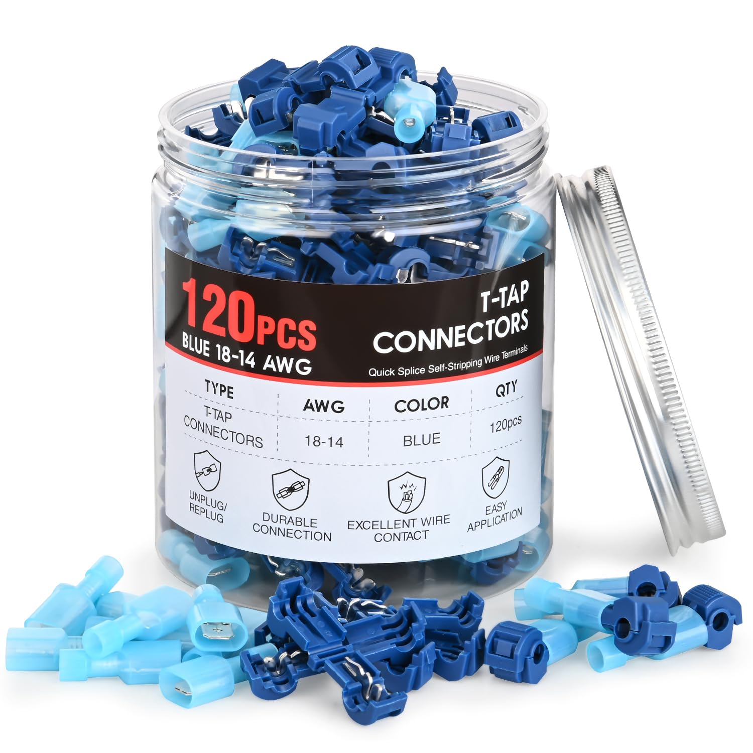 Detalle de Nilight 50132B T-Tap Wire Terminals, Blue 16–14 AWG, 120-Piece Kit