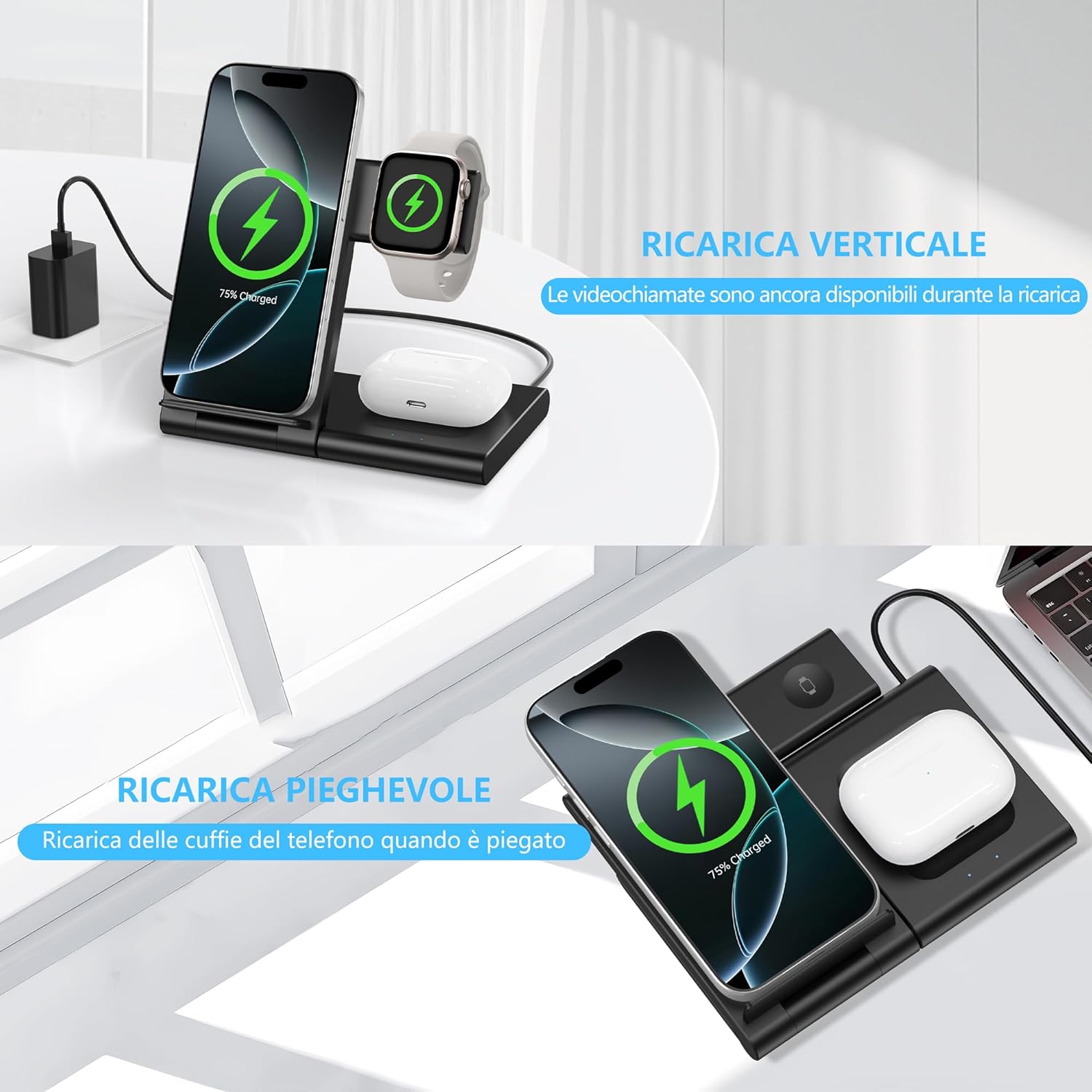 Thumbnail 1 de Caricatore Wireless Apple 3 in 1: Stazione di Ricarica Rapida per iPhone, Apple Watch e AirPods