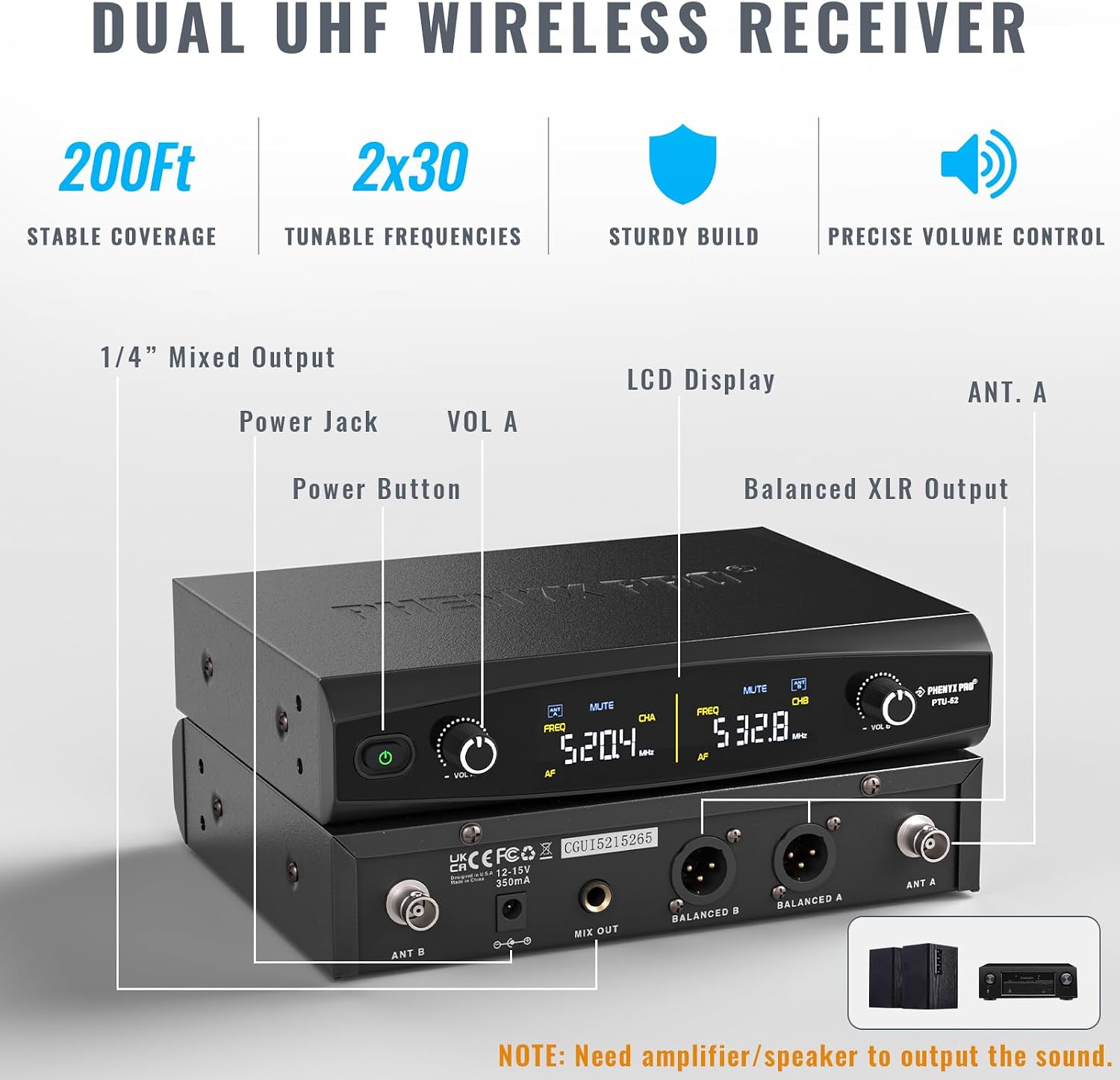 Detalle 2 de Phenyx Pro PTU-52-2H Dual UHF Wireless Microphone System with Two Metal Mics