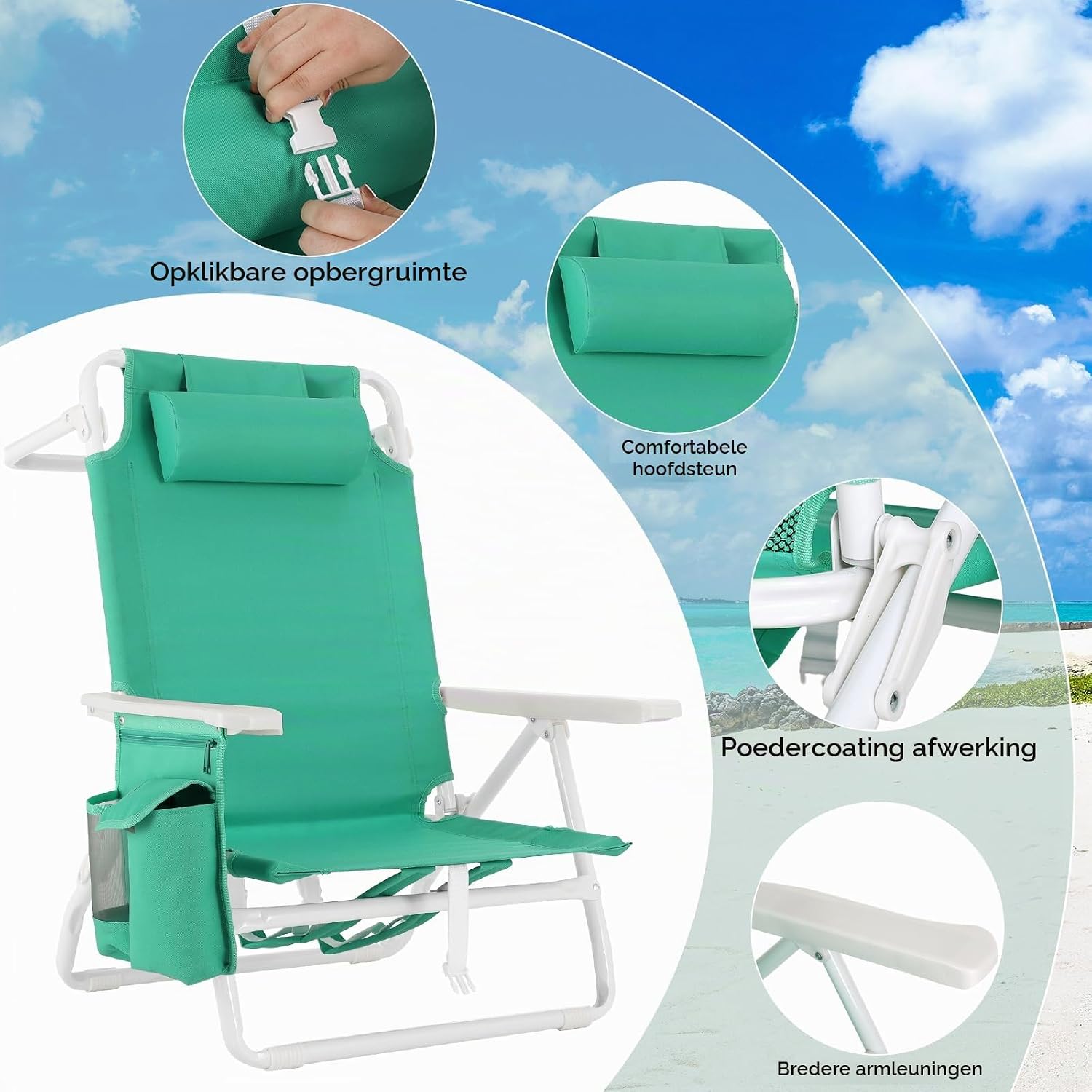 Detalle 1 de LIFERUN XYC-070-4 strandstoel met verstelbare rugleuning en koelvak, set van 2
