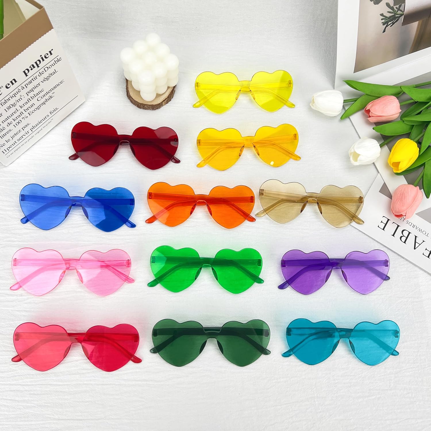 Detalle de BIRDDIE Lot de Lunettes de Soleil Coloré Sans Monture — Coeur, Plastique Hippie Transparente (12/24/36)