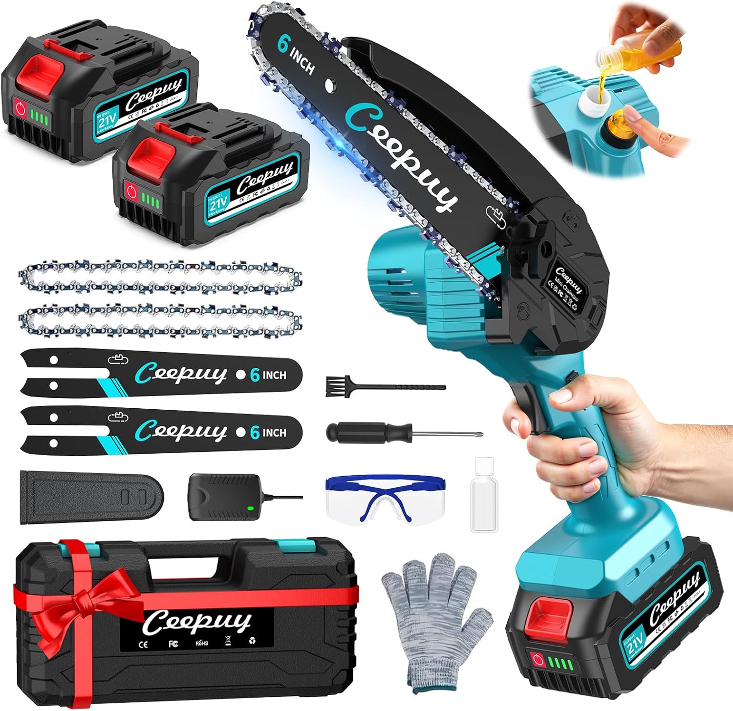 Mini motosierra a batería CEEPUY de 6 pulgadas (2×4000mAh) con engrase automático