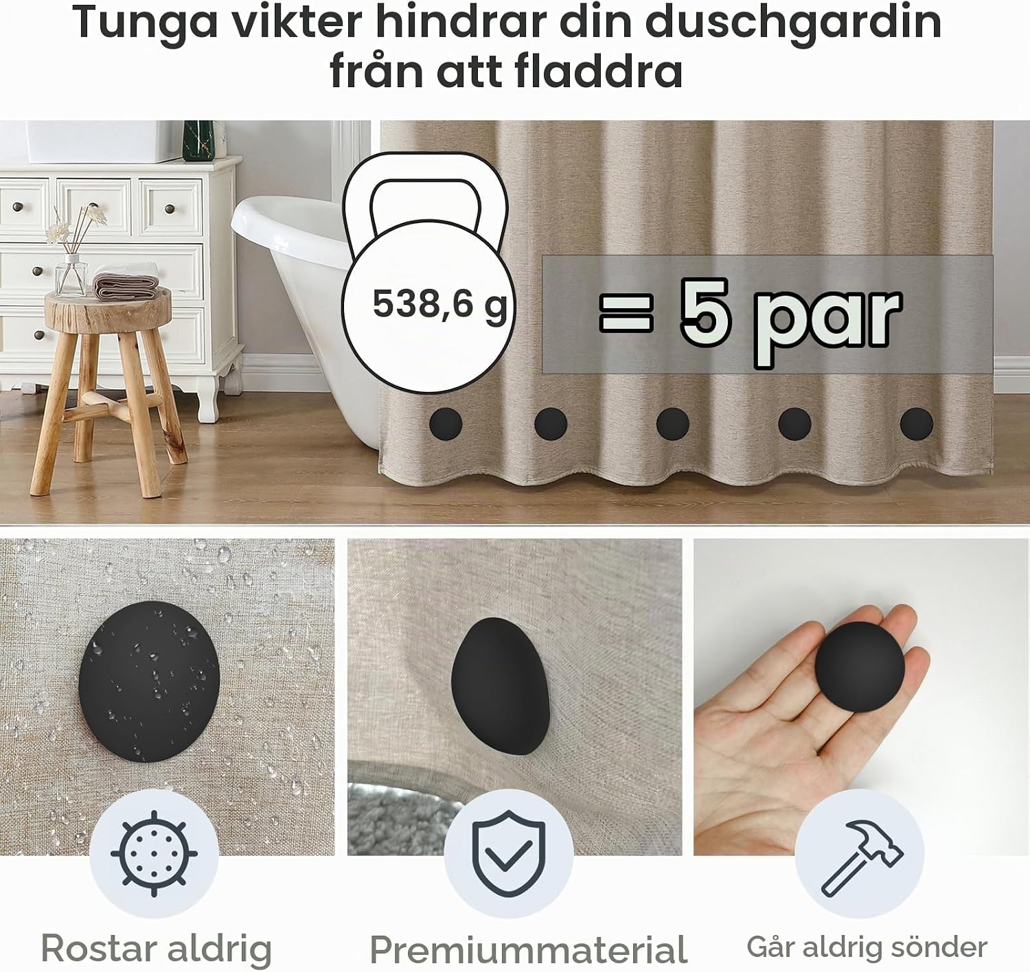 Detalle de FY&XZH magnetiska duschdraperivikter, svarta med silikonöverdrag, 10 par